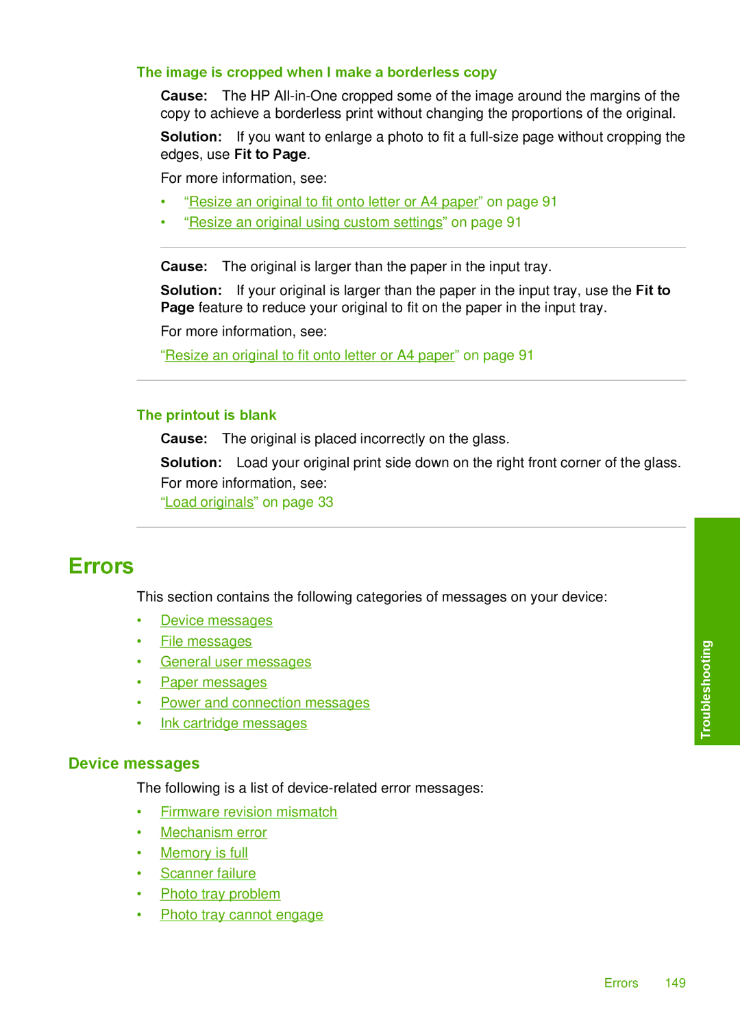 HP C6200 manual Errors, Device messages, Image is cropped when I make a borderless copy, Printout is blank 