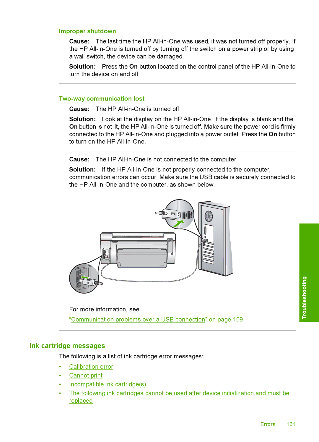 HP C6200 manual Ink cartridge messages, Improper shutdown, Two-way communication lost 