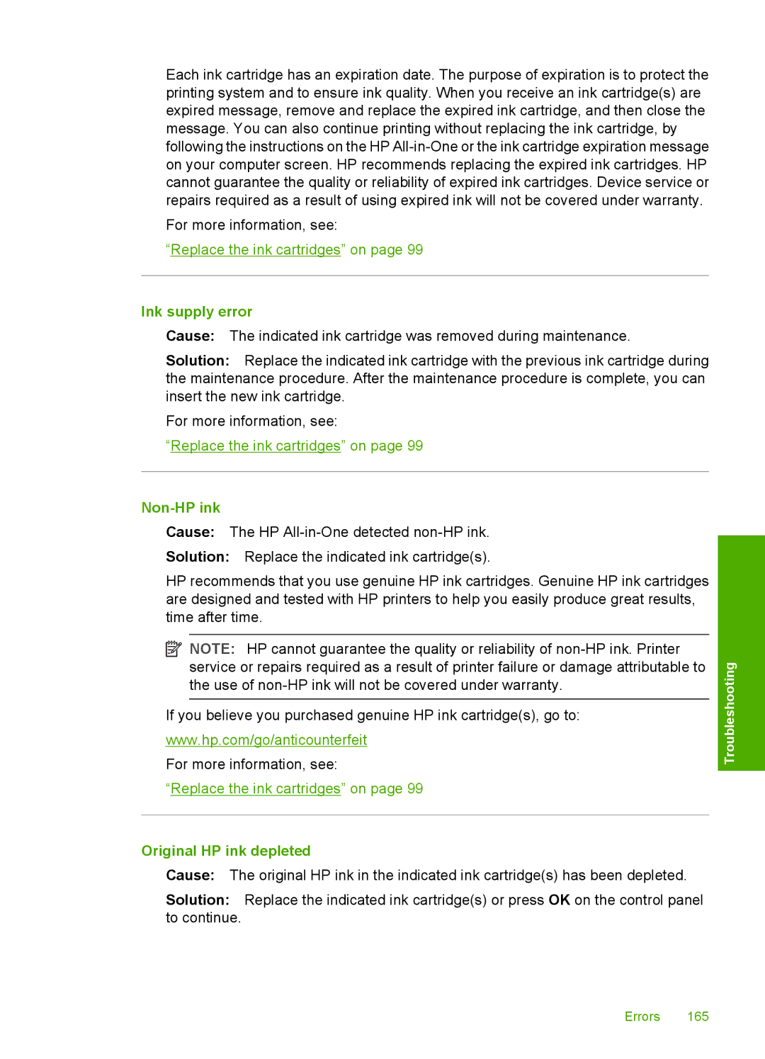 HP C6200 manual Ink supply error, Non-HP ink, Original HP ink depleted 