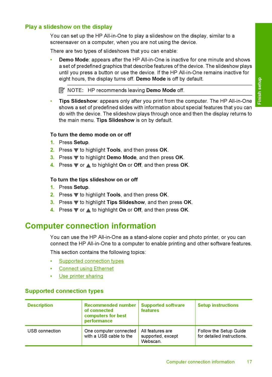 HP C6200 manual Computer connection information, Play a slideshow on the display, Supported connection types 