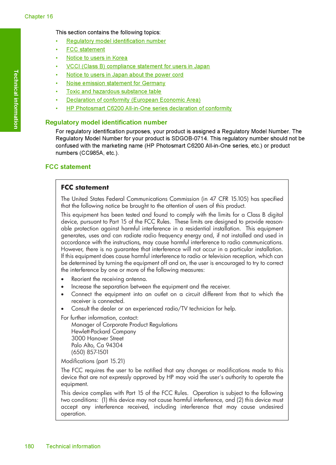 HP C6200 manual Regulatory model identification number, FCC statement 