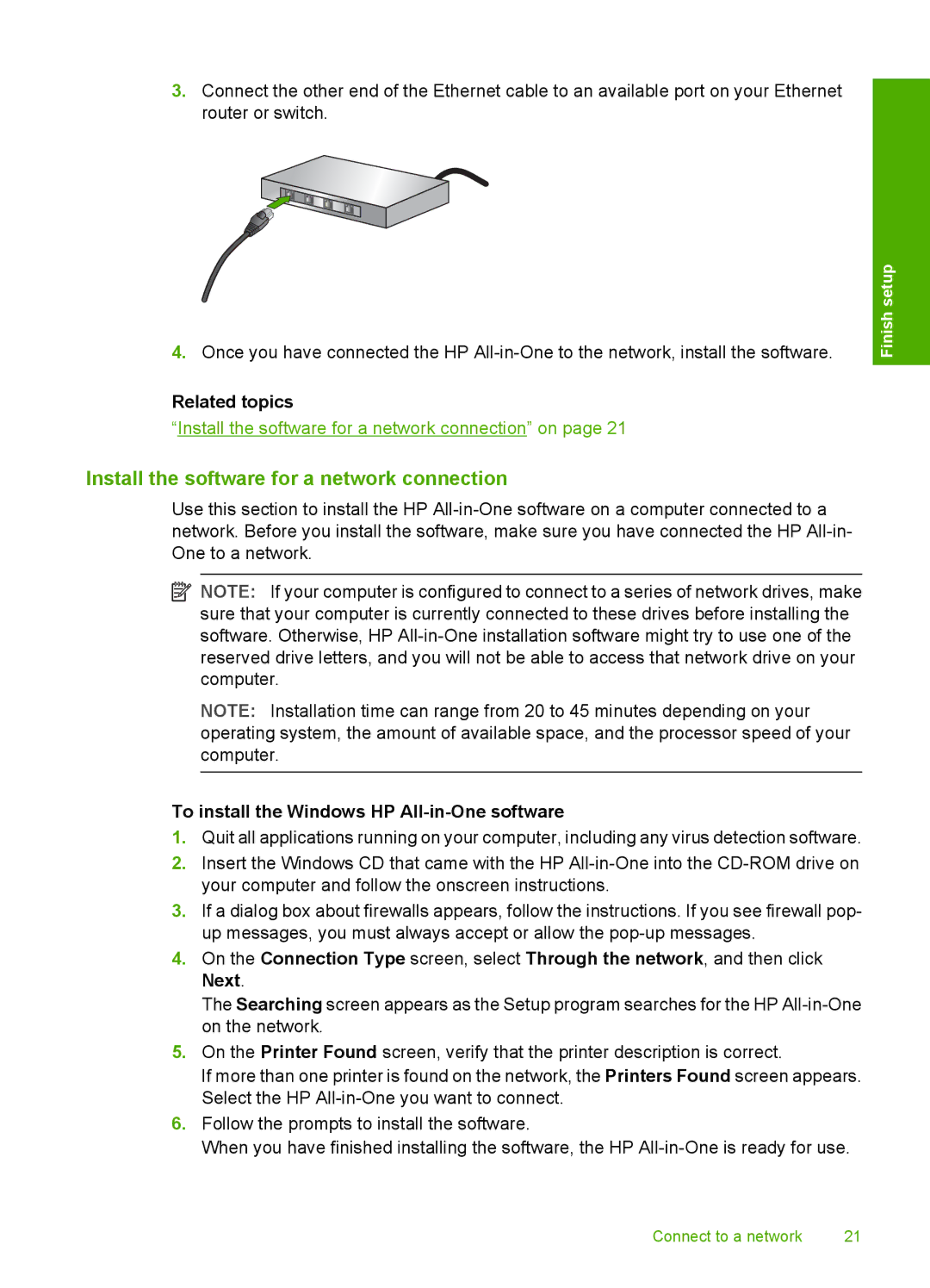 HP C6200 Install the software for a network connection, Related topics, To install the Windows HP All-in-One software 