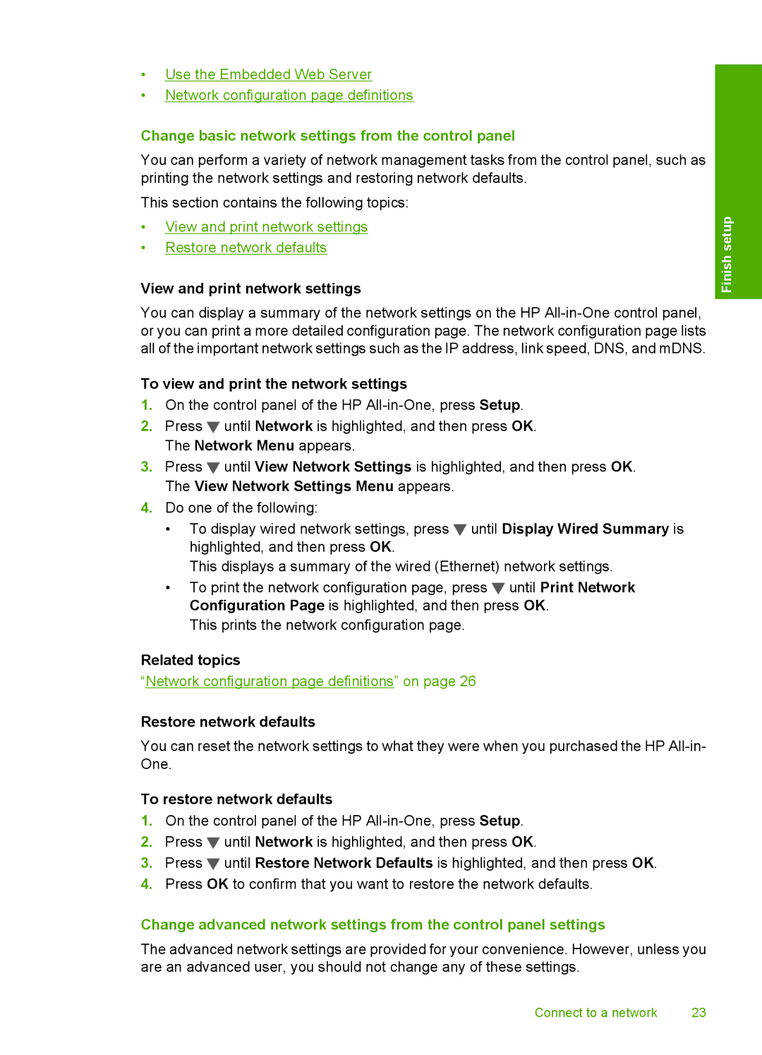 HP C6200 Change basic network settings from the control panel, View and print network settings, Restore network defaults 