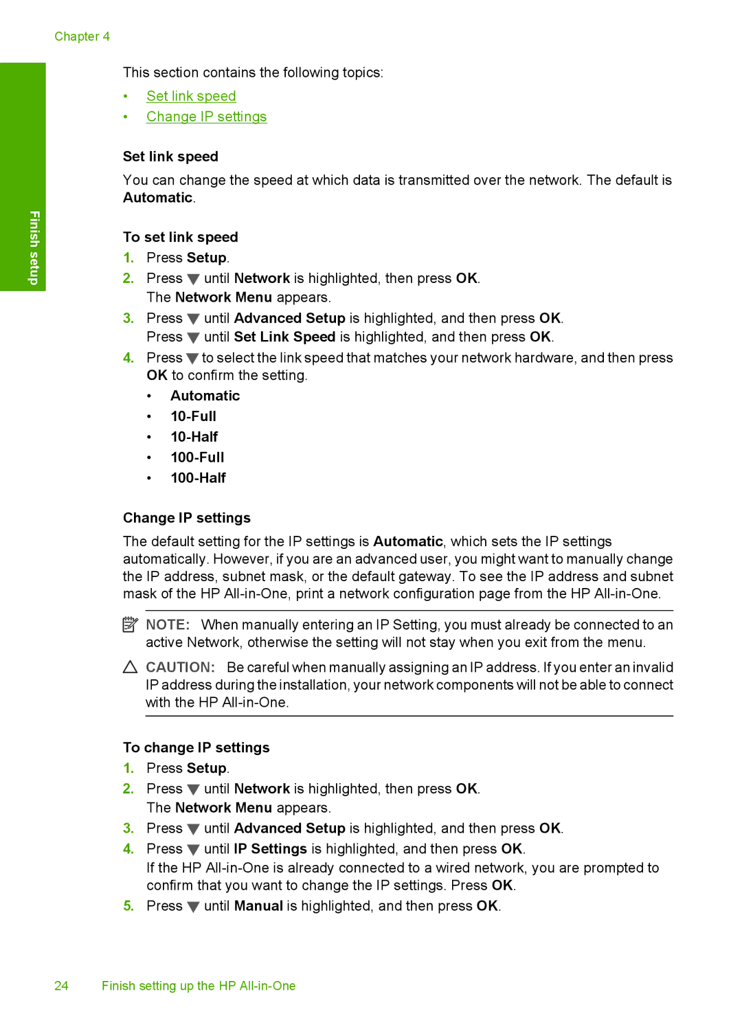 HP C6200 manual Set link speed, To set link speed, Automatic Full Half Change IP settings, To change IP settings 