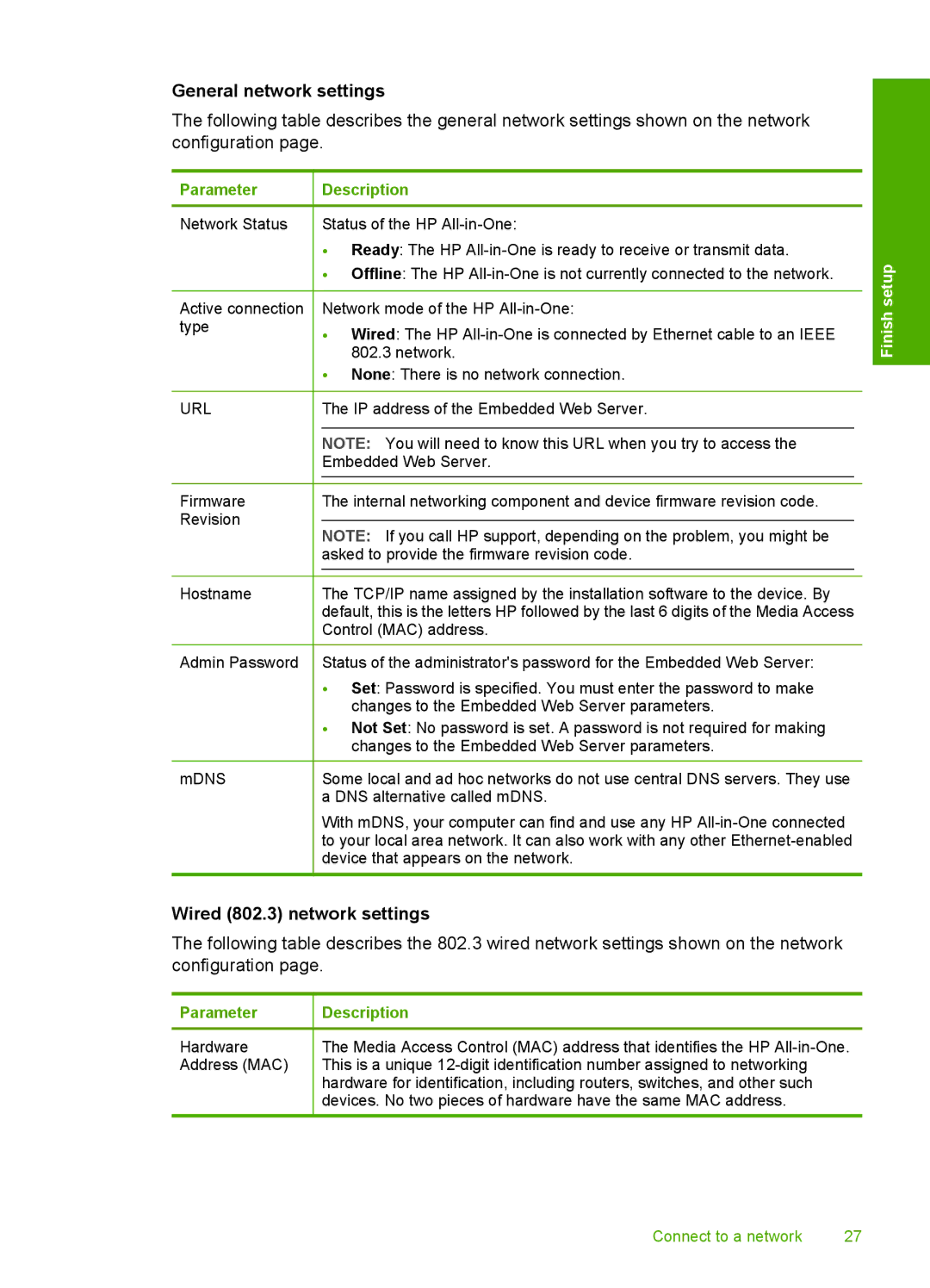 HP C6200 manual General network settings, Wired 802.3 network settings 