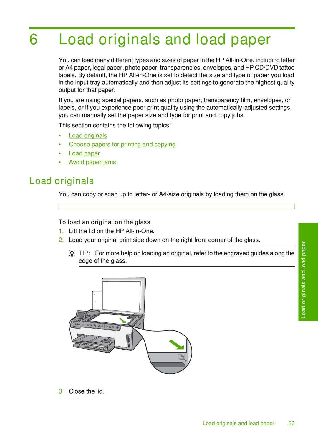 HP C6200 manual Load originals and load paper, To load an original on the glass 