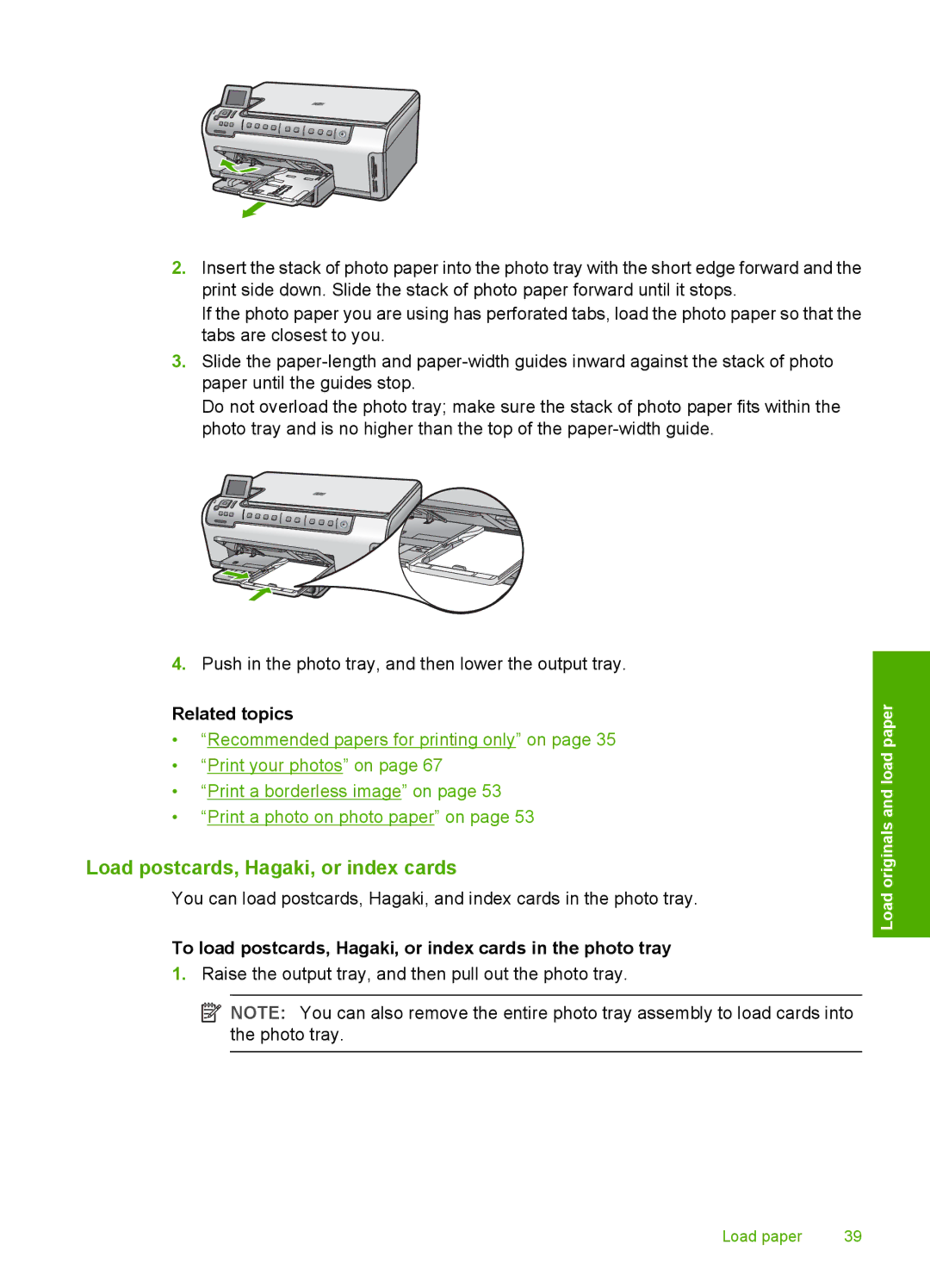 HP C6200 manual Load postcards, Hagaki, or index cards, To load postcards, Hagaki, or index cards in the photo tray 