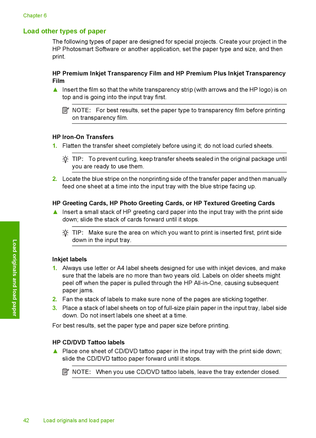 HP C6200 manual Load other types of paper, Inkjet labels, HP CD/DVD Tattoo labels 