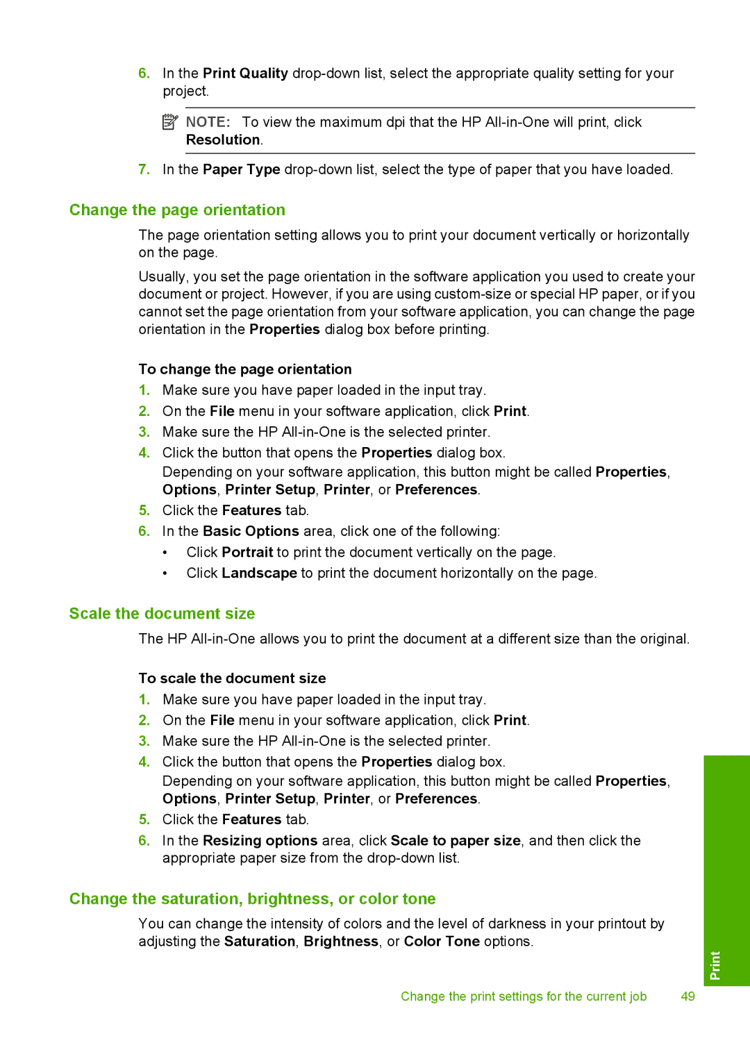 HP C6200 manual Change the page orientation, Scale the document size, Change the saturation, brightness, or color tone 