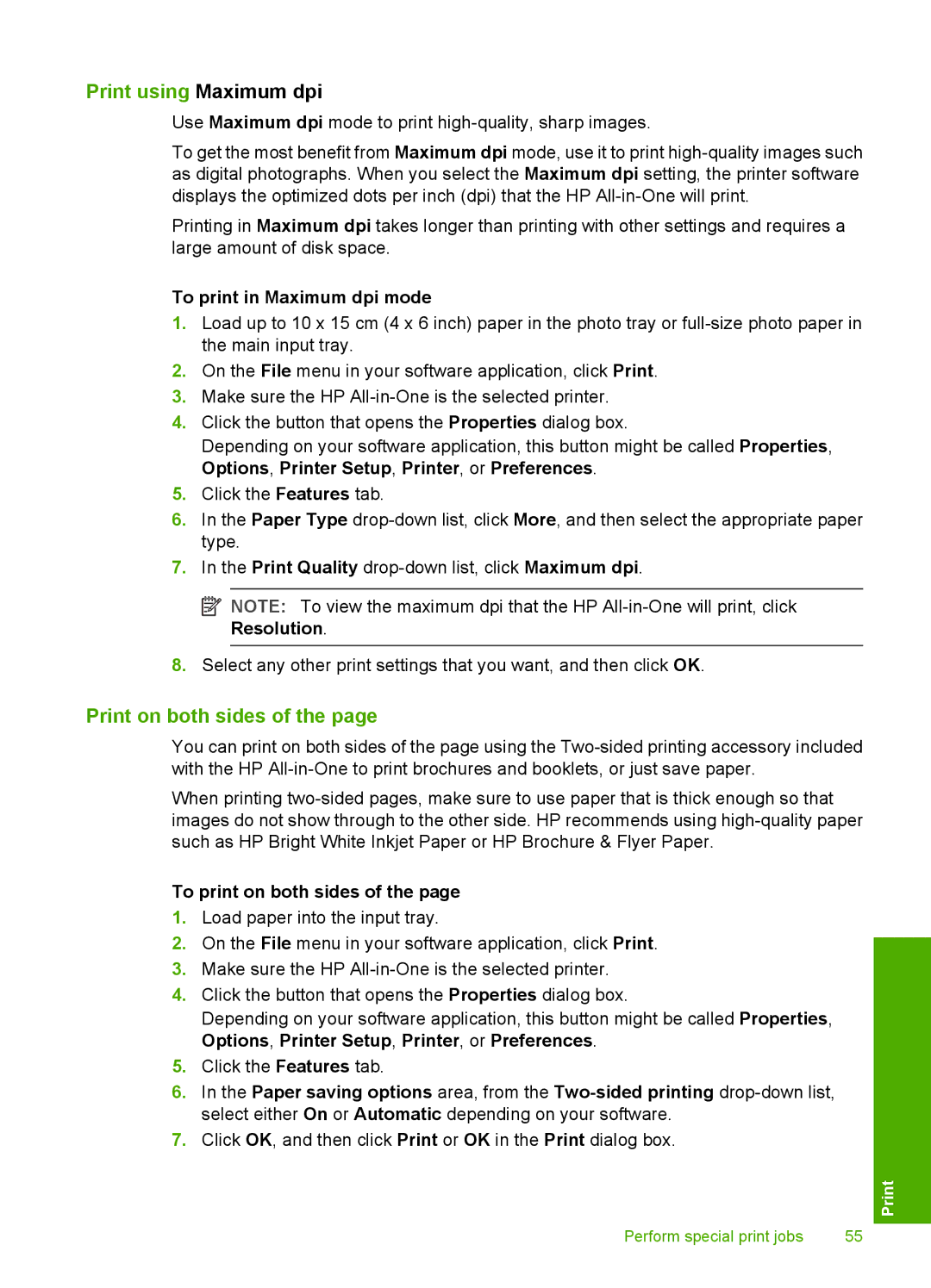 HP C6200 manual Print using Maximum dpi, Print on both sides, To print in Maximum dpi mode, To print on both sides 