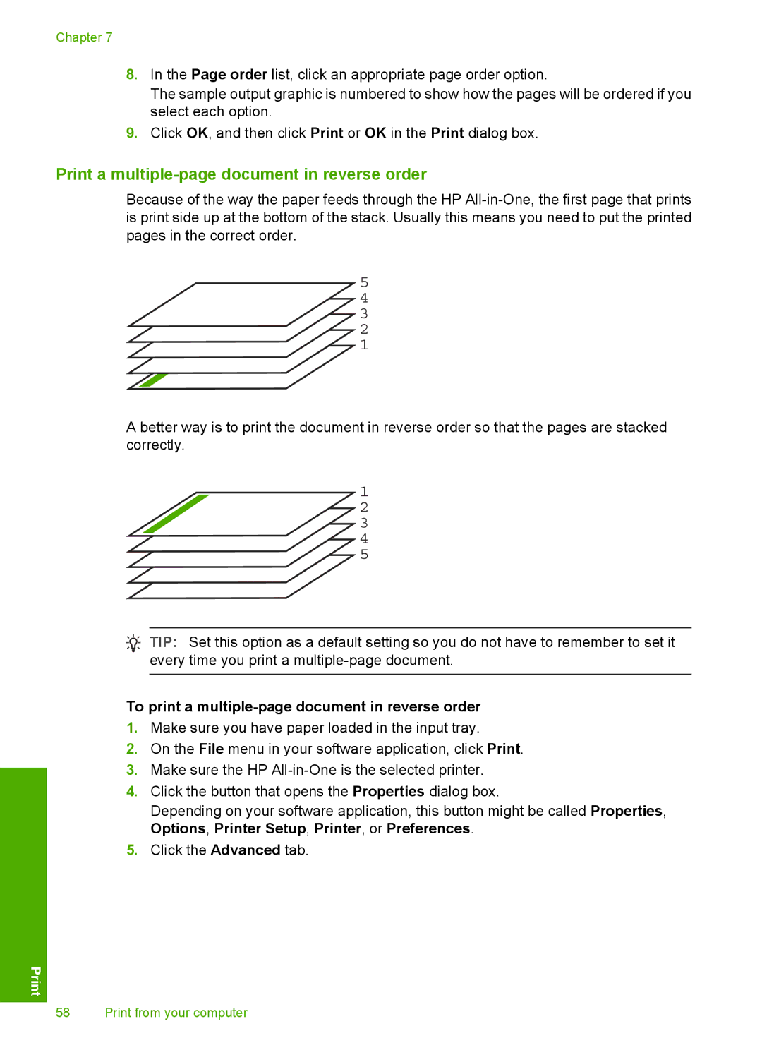 HP C6200 manual Print a multiple-page document in reverse order, To print a multiple-page document in reverse order 