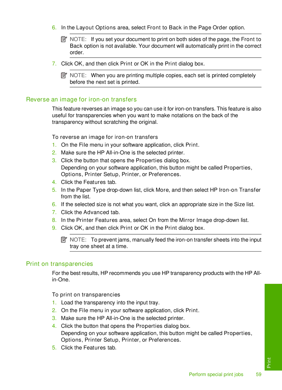 HP C6200 manual Reverse an image for iron-on transfers, Print on transparencies, To reverse an image for iron-on transfers 