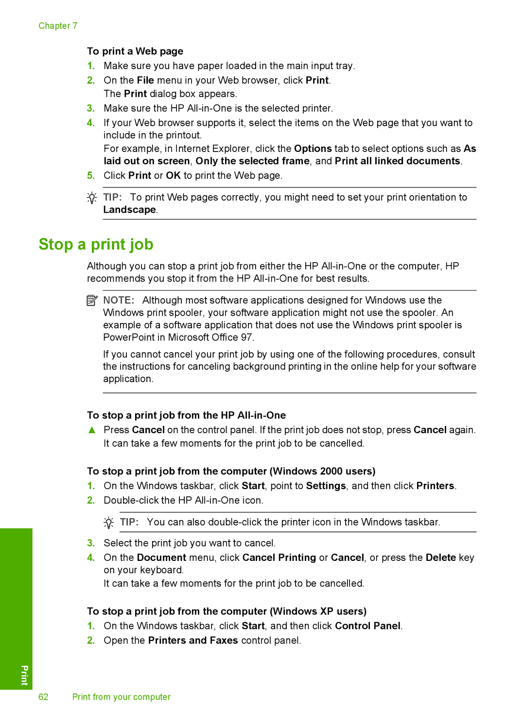 HP C6200 manual Stop a print job, To print a Web, To stop a print job from the HP All-in-One 