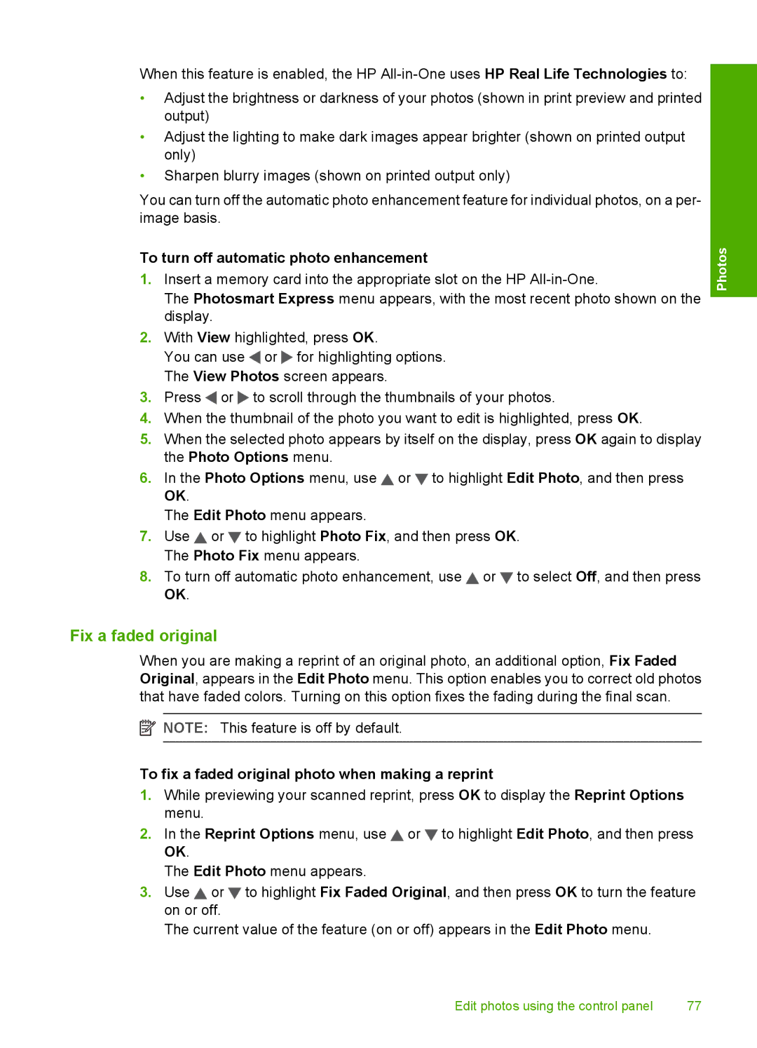 HP C6200 manual Fix a faded original, To turn off automatic photo enhancement 