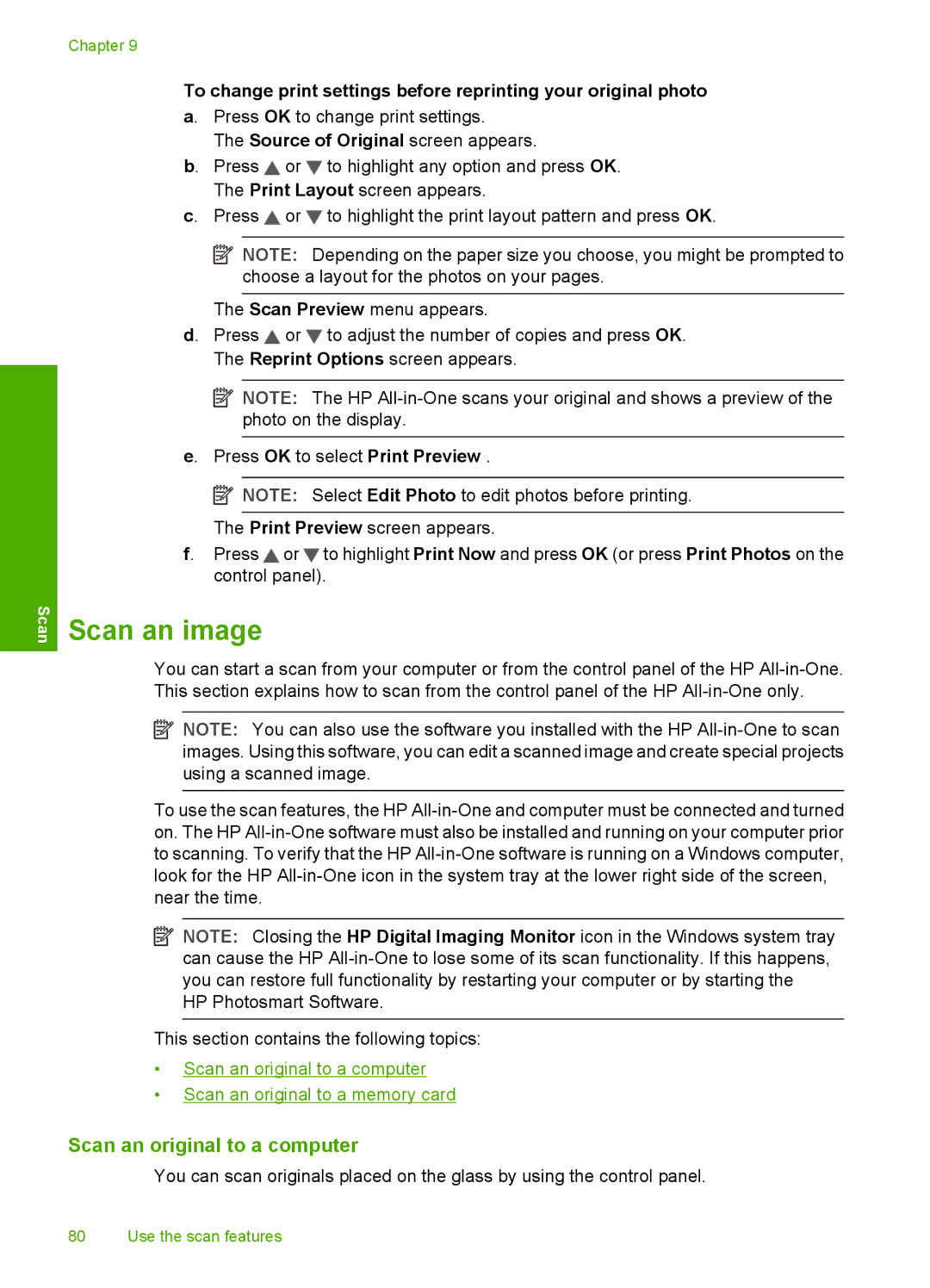 HP C6200 manual Scan an image, Scan an original to a computer 