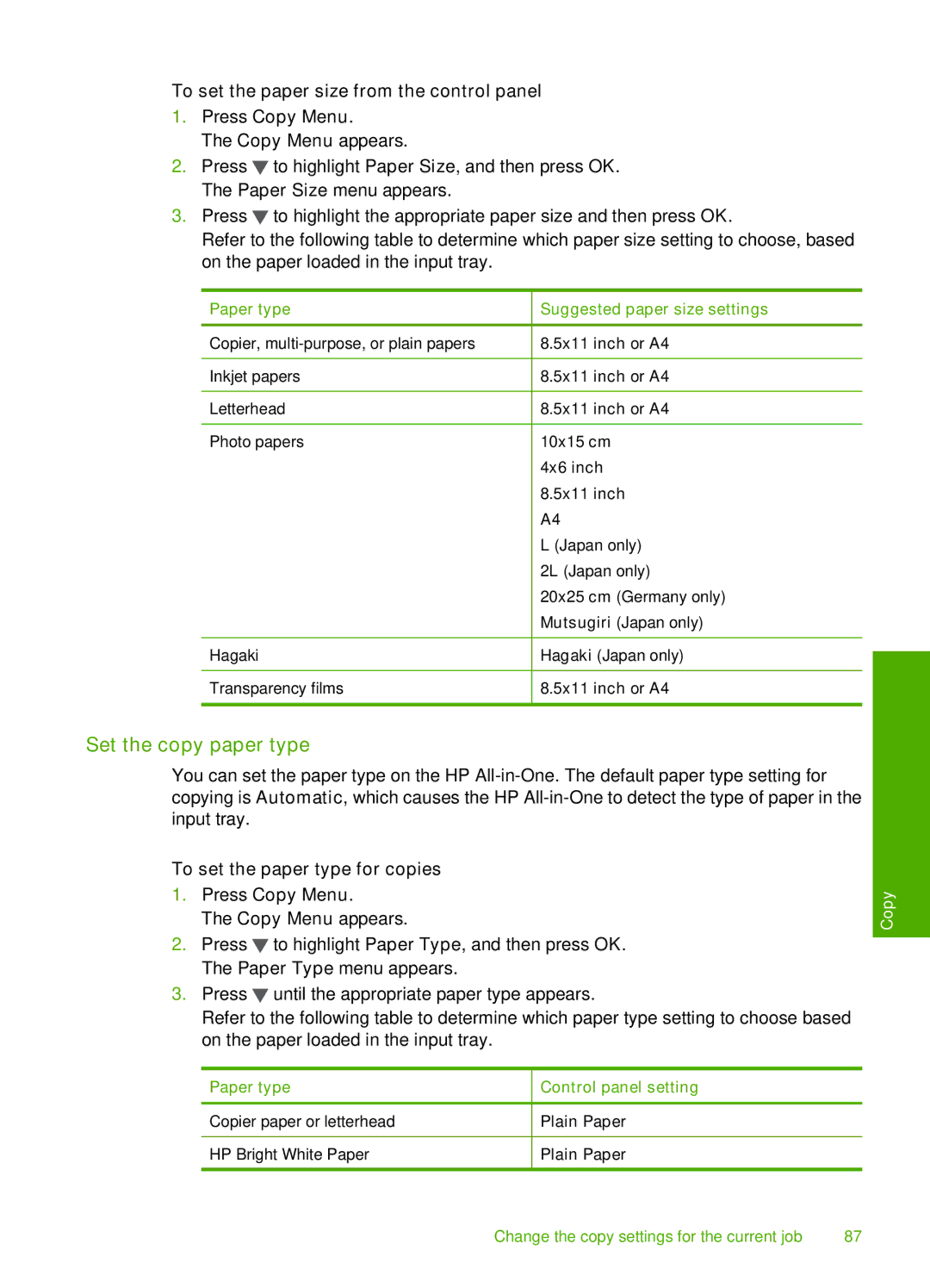 HP C6200 manual Set the copy paper type, To set the paper type for copies Press Copy Menu 