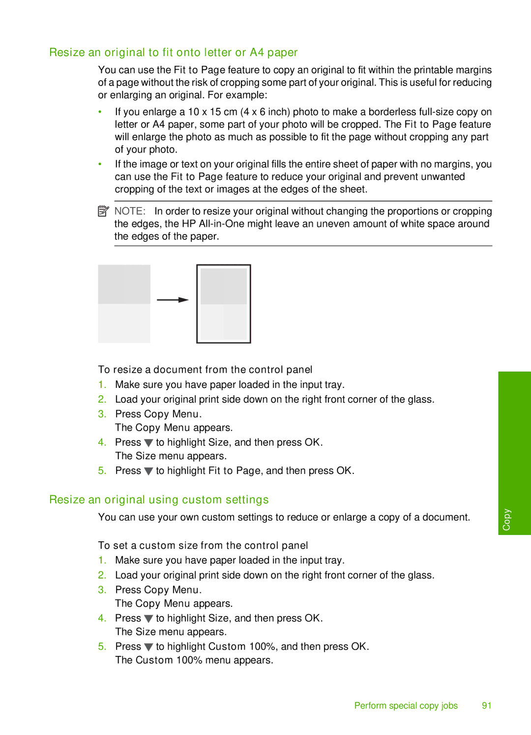 HP C6200 manual Resize an original to fit onto letter or A4 paper, Resize an original using custom settings 