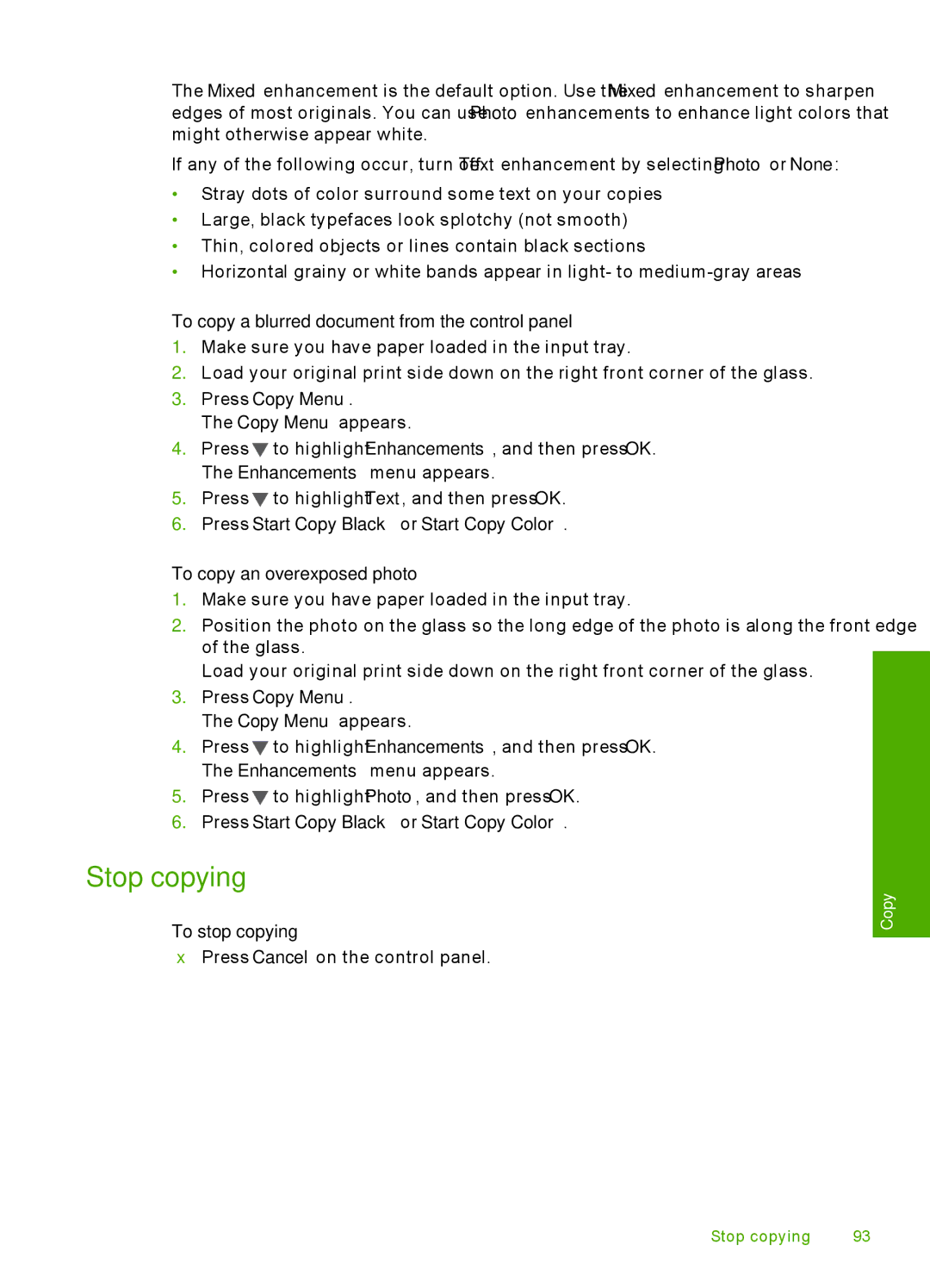 HP C6200 manual Stop copying, To copy a blurred document from the control panel, To stop copying 