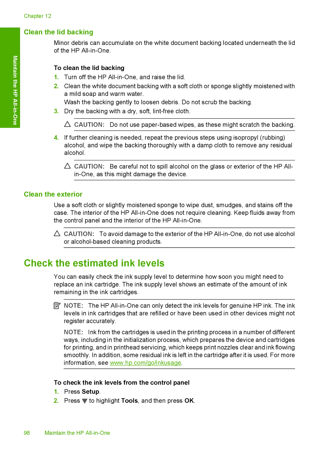 HP C6200 manual Check the estimated ink levels, Clean the lid backing, Clean the exterior, To clean the lid backing 