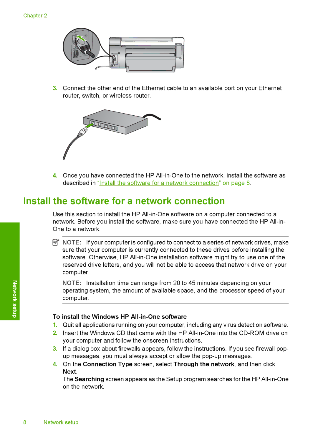 HP C6280, C6250 manual Install the software for a network connection, To install the Windows HP All-in-One software 