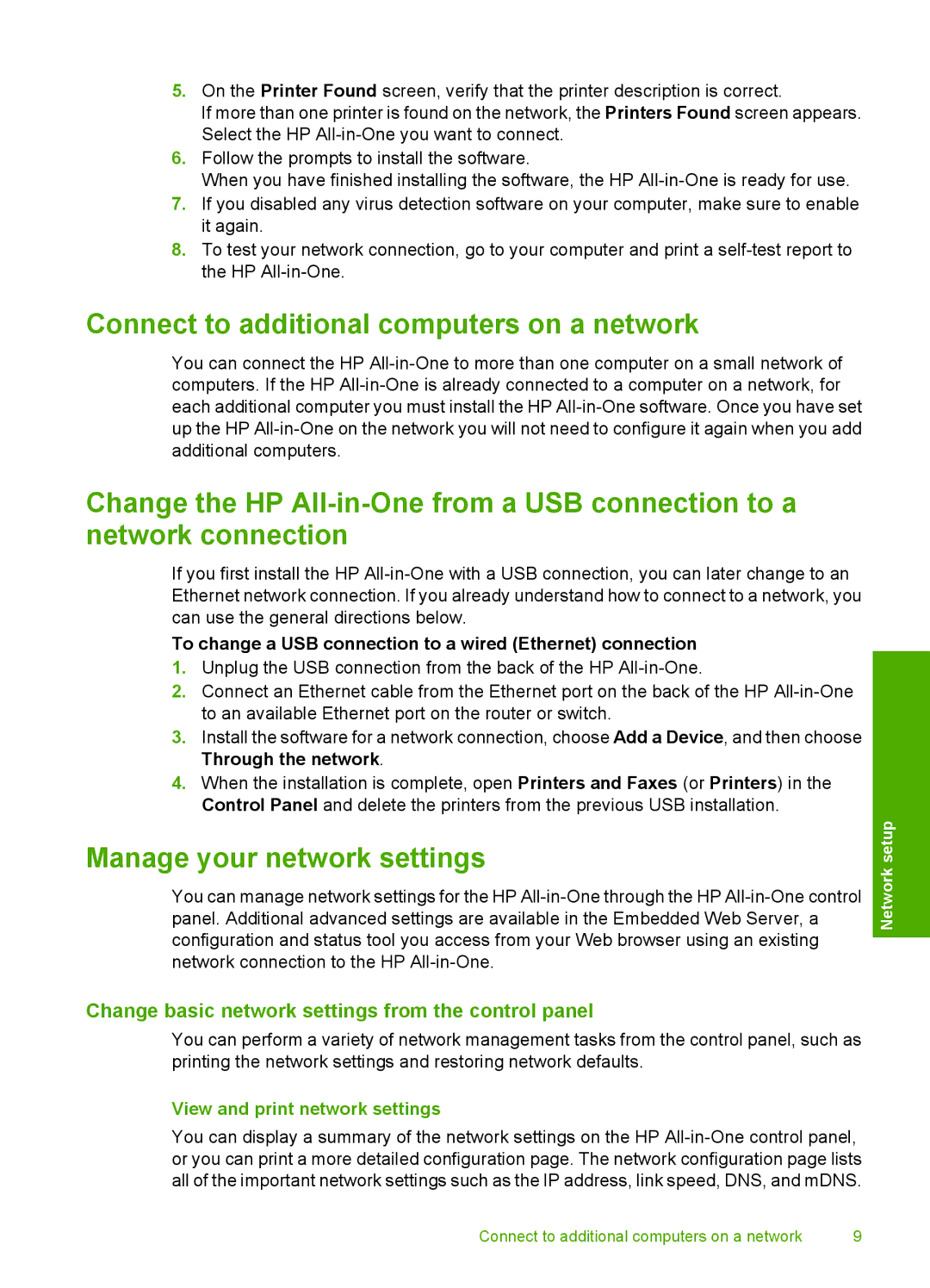 HP C6250 manual Connect to additional computers on a network, Manage your network settings, View and print network settings 