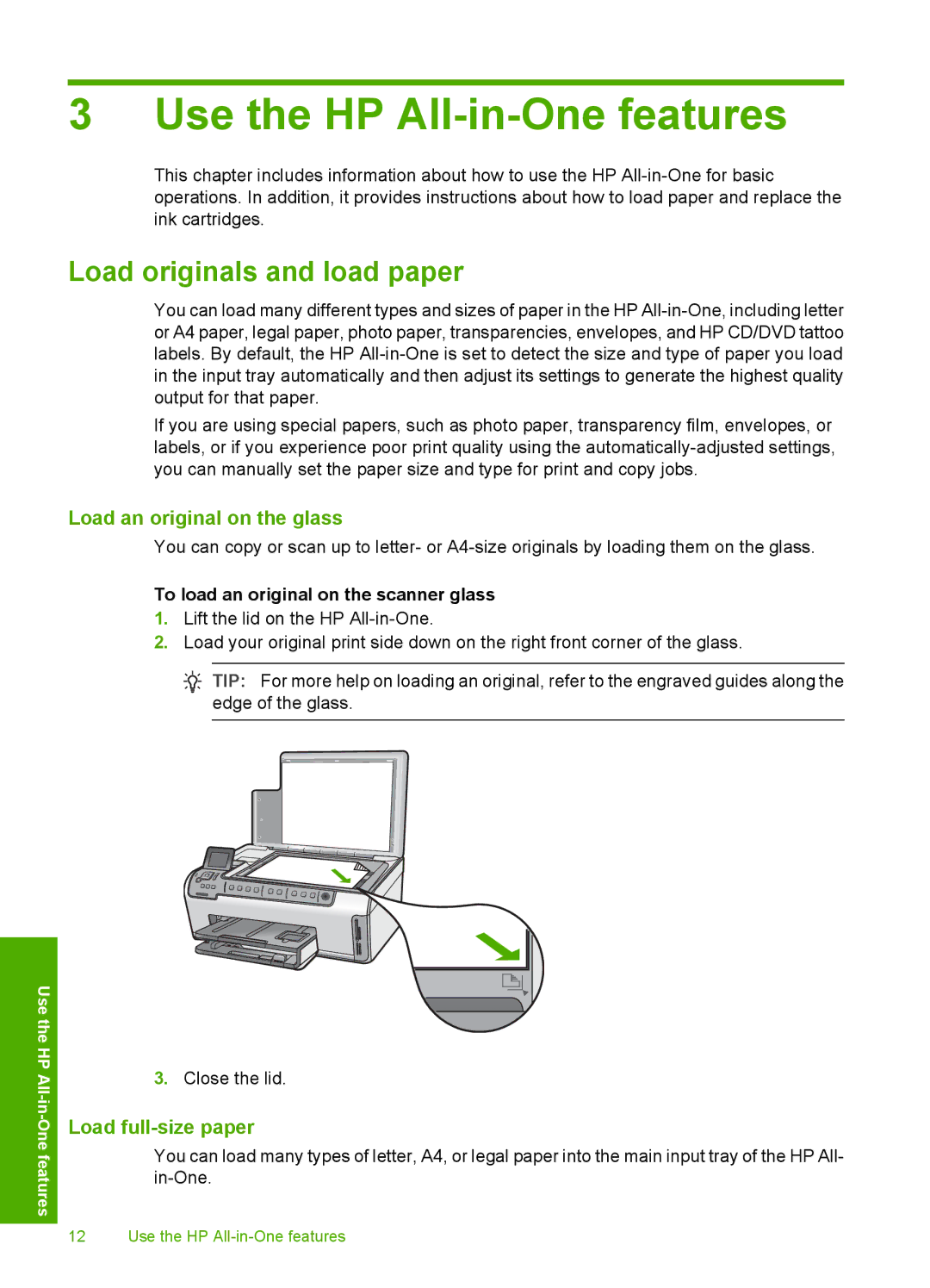 HP C6280, C6250 manual Use the HP All-in-One features, Load originals and load paper, Load an original on the glass 