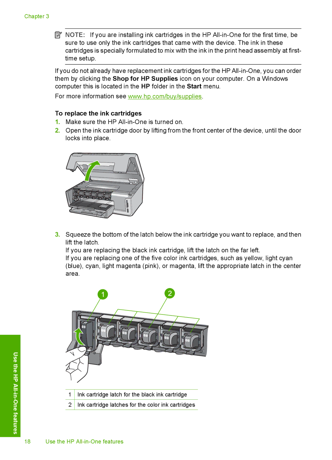 HP C6280, C6250 manual To replace the ink cartridges 