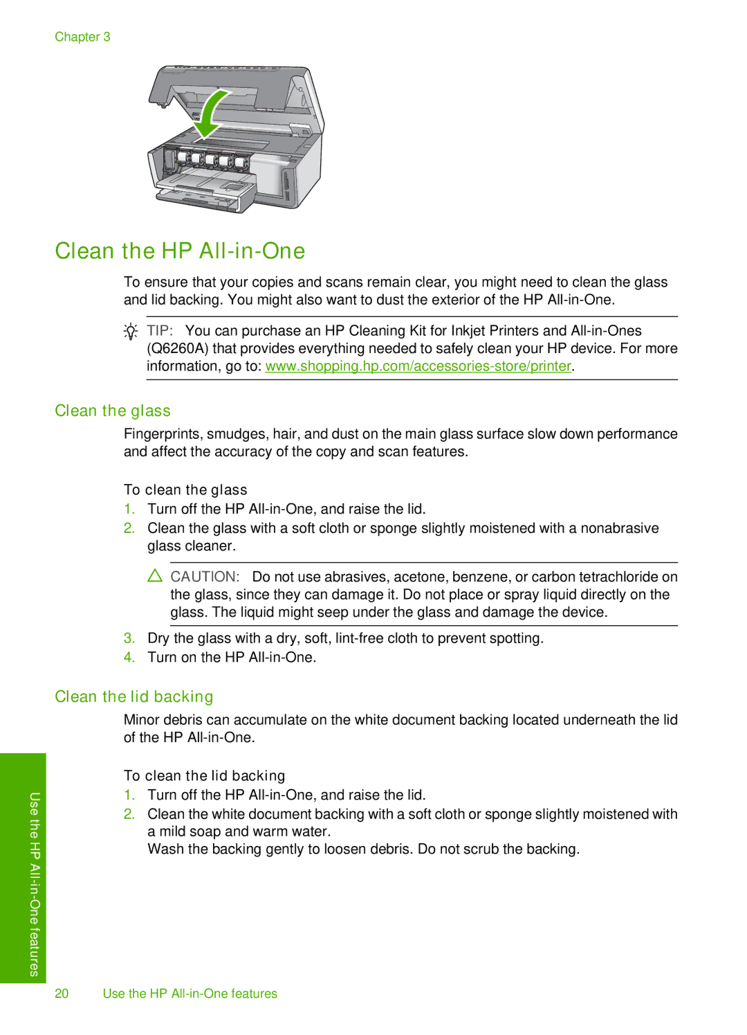 HP C6280 Clean the HP All-in-One, Clean the glass, Clean the lid backing, To clean the glass, To clean the lid backing 