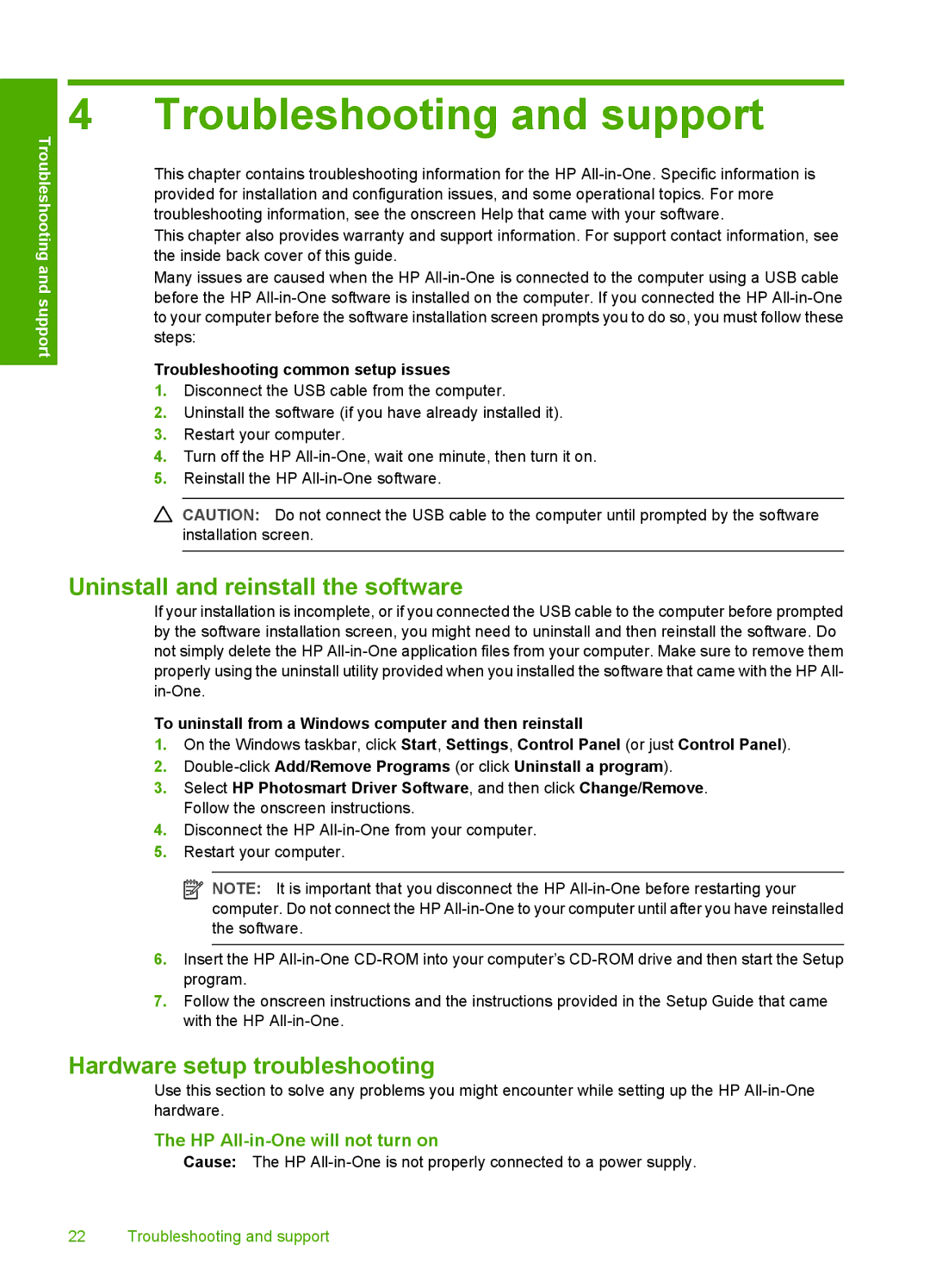 HP C6280, C6250 manual Troubleshooting and support, Uninstall and reinstall the software, Hardware setup troubleshooting 