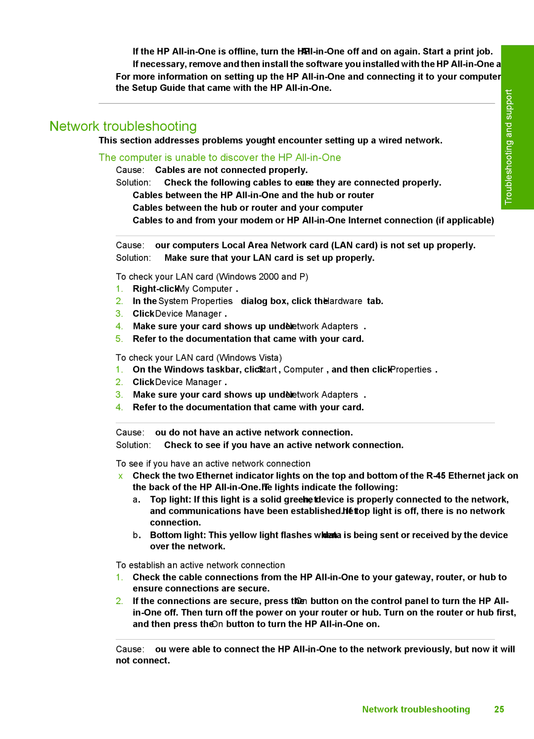 HP C6250, C6280 manual Network troubleshooting, Computer is unable to discover the HP All-in-One 