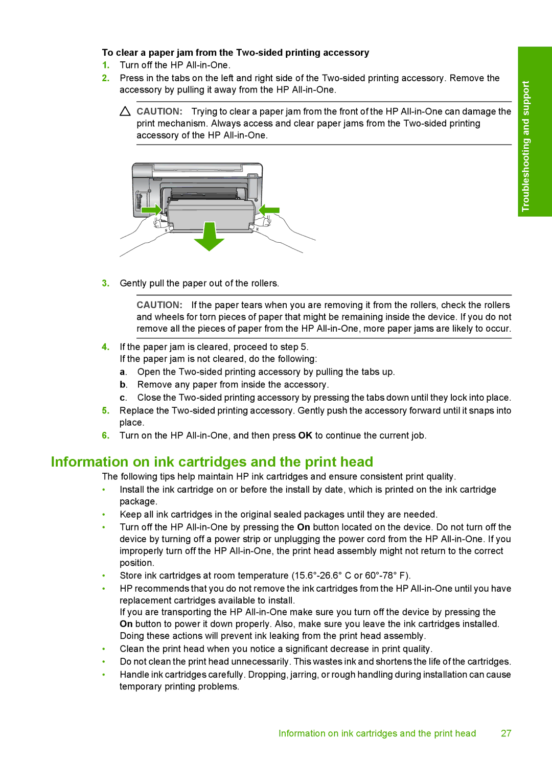 HP C6250 Information on ink cartridges and the print head, To clear a paper jam from the Two-sided printing accessory 