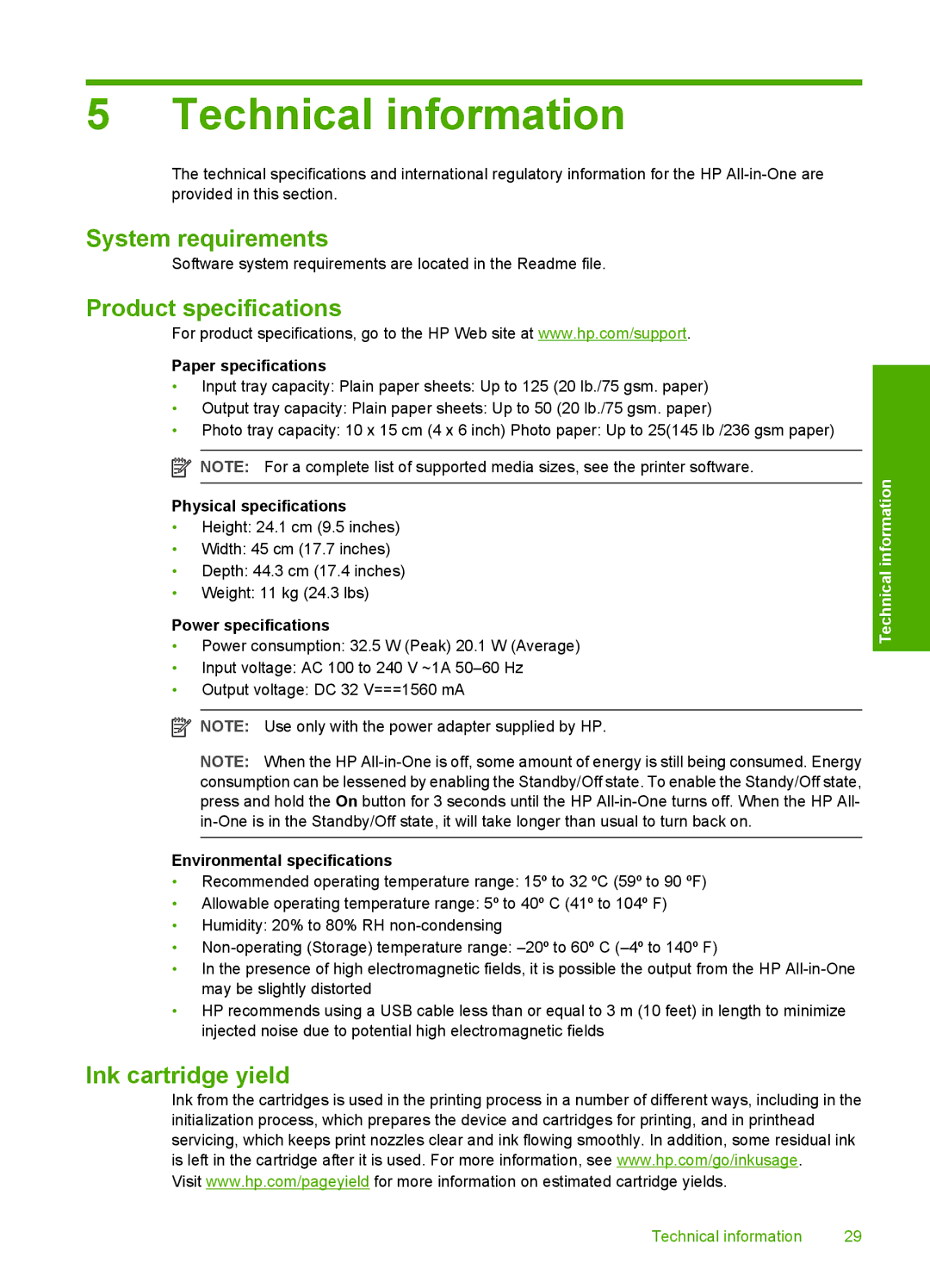 HP C6250, C6280 manual Technical information, System requirements, Product specifications, Ink cartridge yield 