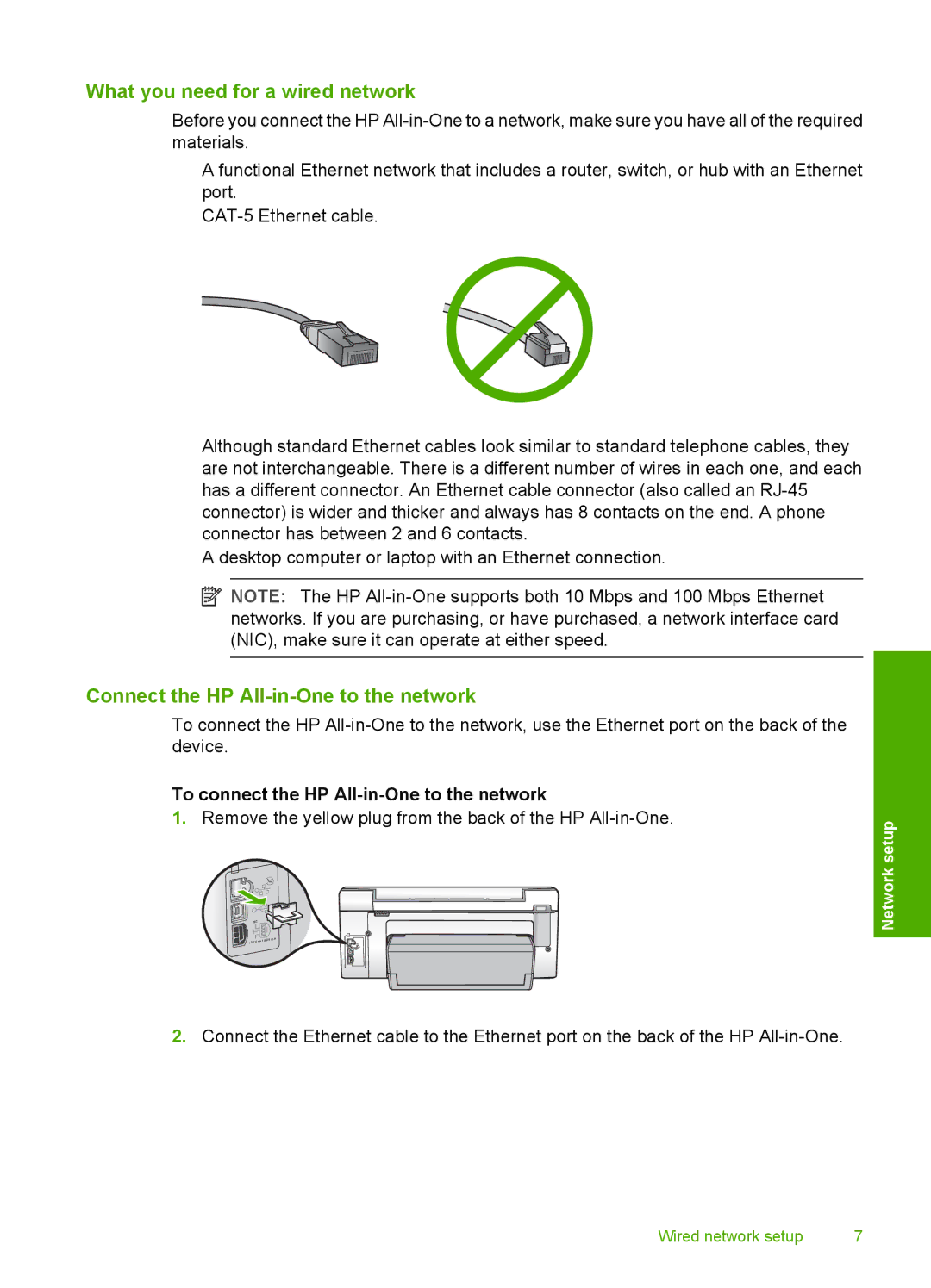 HP C6250, C6280 manual What you need for a wired network, Connect the HP All-in-One to the network 