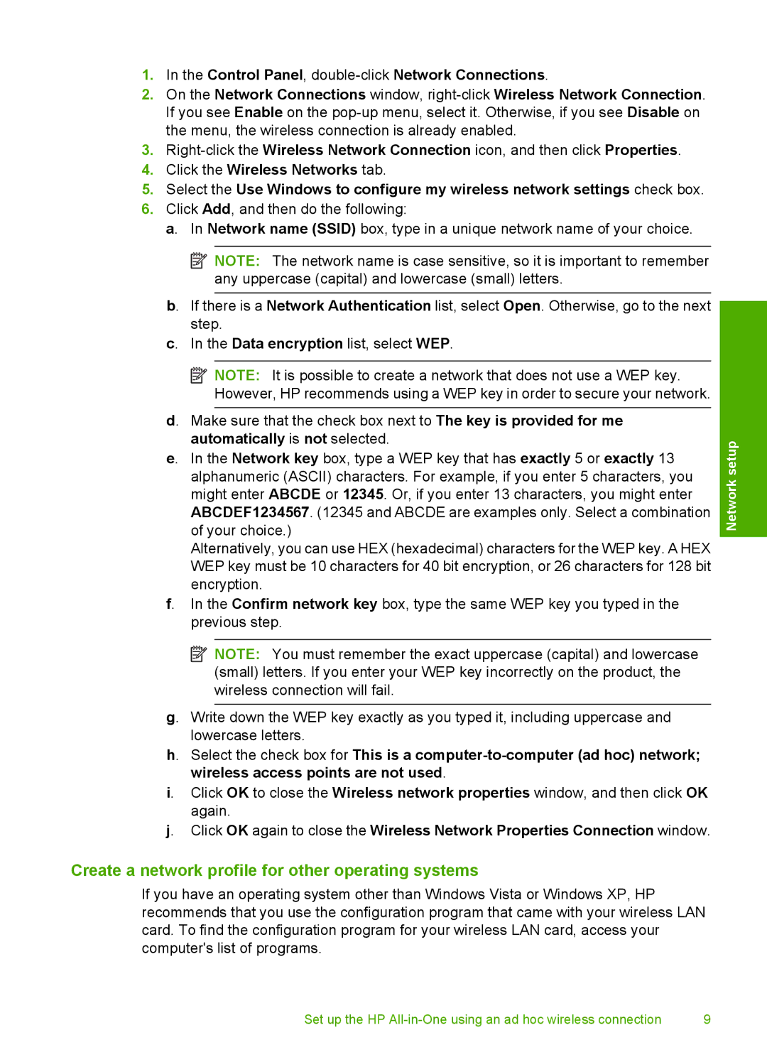 HP C6350, C6380, C6340 manual Create a network profile for other operating systems 