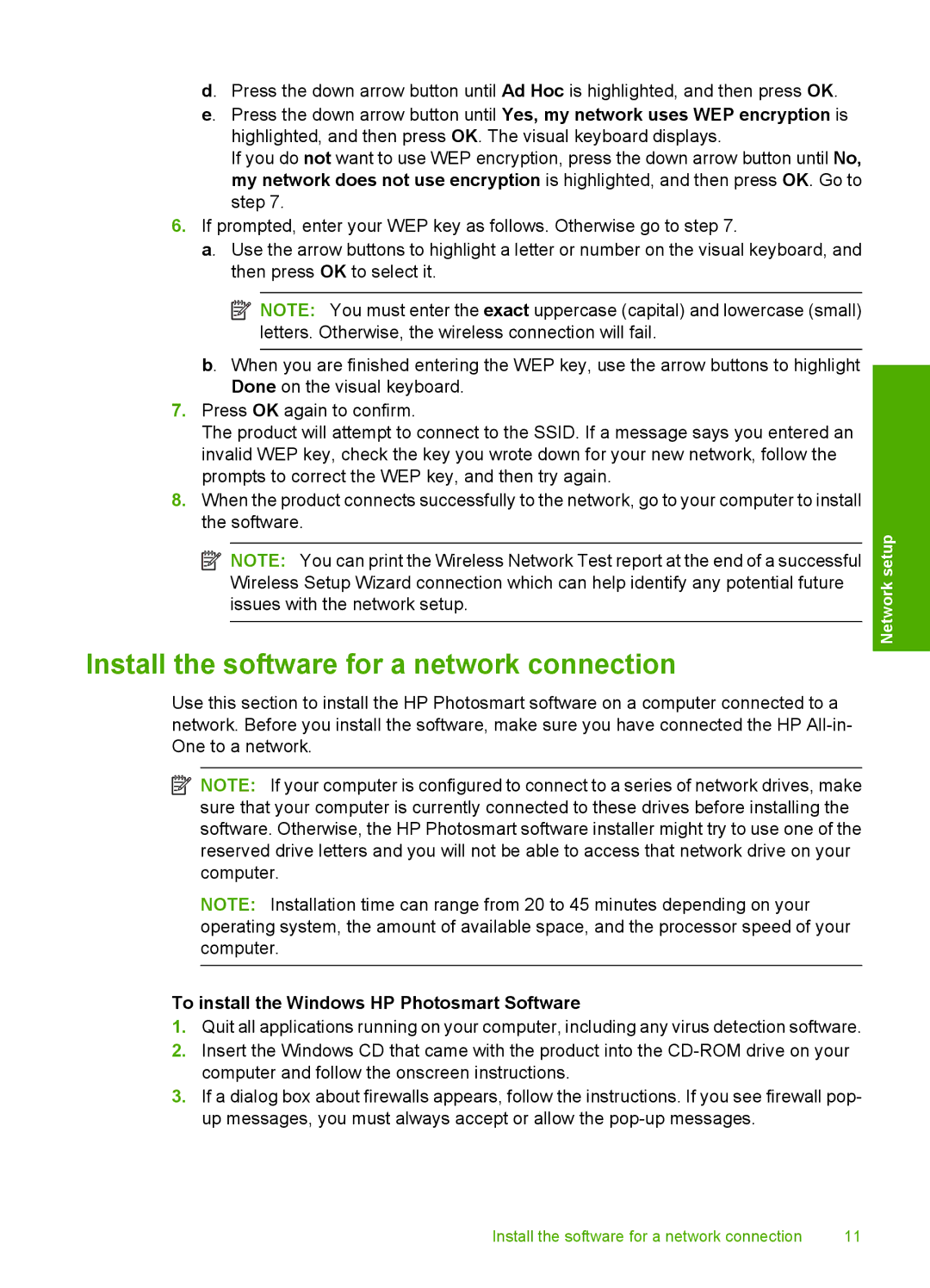 HP C6340, C6380, C6350 manual Install the software for a network connection, To install the Windows HP Photosmart Software 