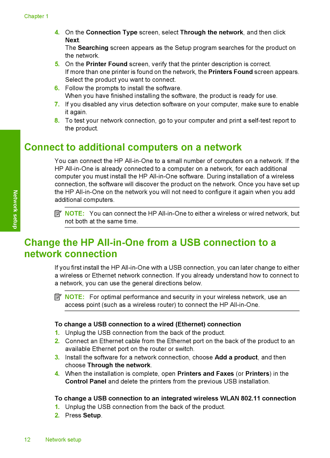 HP C6350, C6380 Connect to additional computers on a network, To change a USB connection to a wired Ethernet connection 