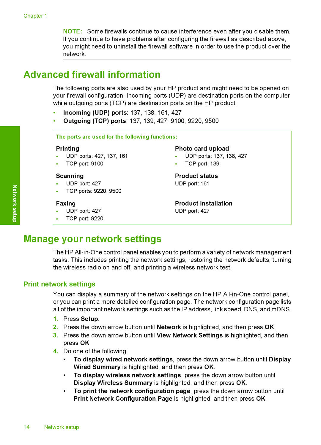 HP C6340, C6380, C6350 manual Advanced firewall information, Manage your network settings, Print network settings 