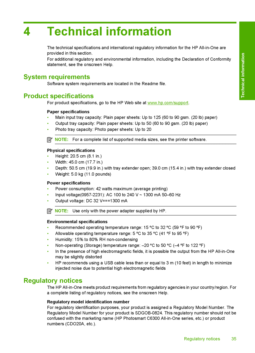 HP C6340, C6380, C6350 manual System requirements, Product specifications, Regulatory notices 