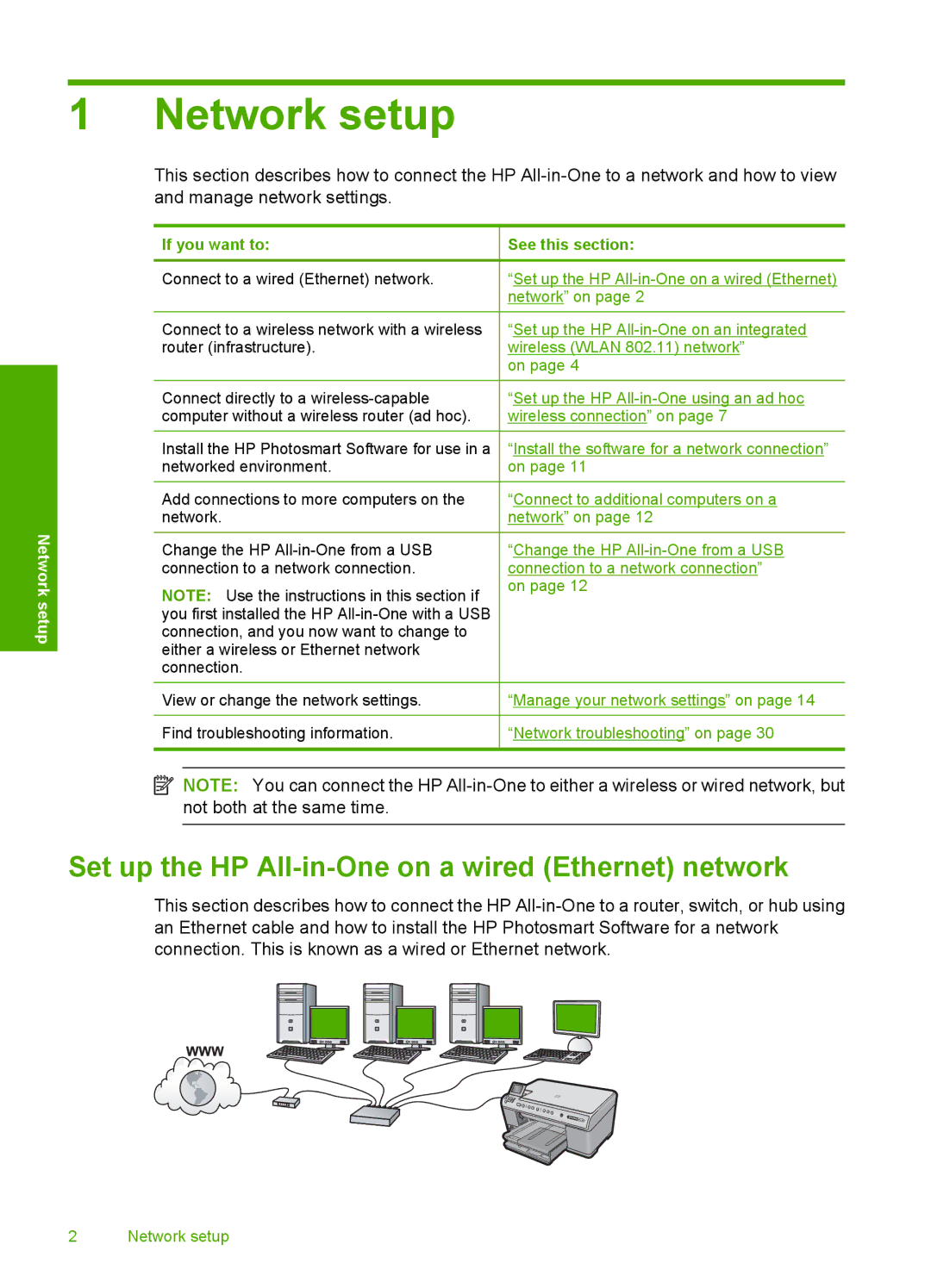 HP C6340, C6380, C6350 manual Network setup, Set up the HP All-in-One on a wired Ethernet network 