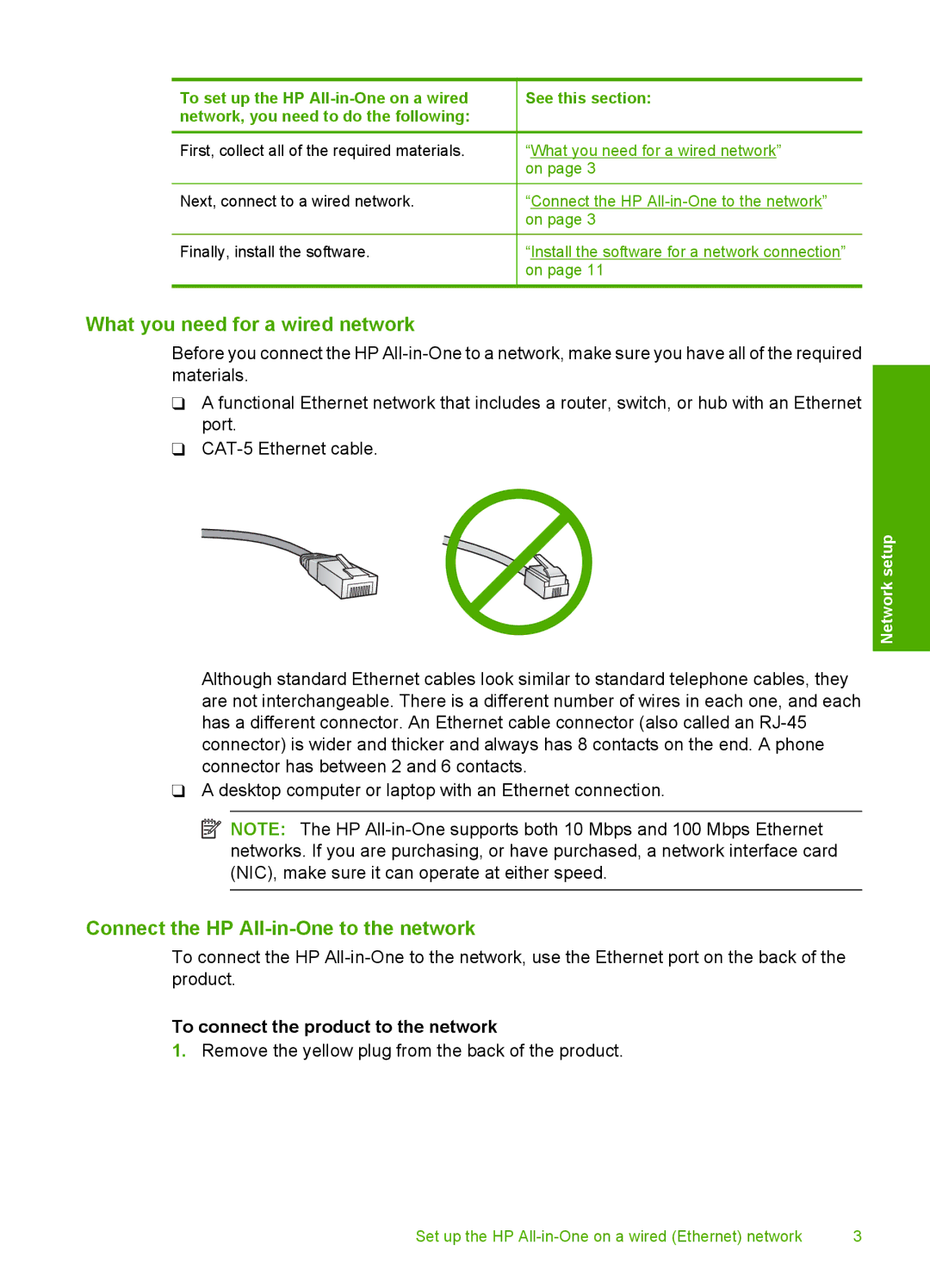 HP C6350, C6380, C6340 manual What you need for a wired network, Connect the HP All-in-One to the network 