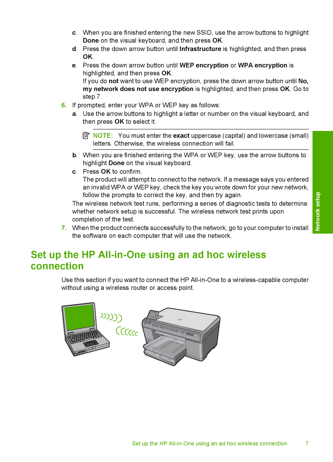 HP C6380, C6340, C6350 manual Set up the HP All-in-One using an ad hoc wireless connection 