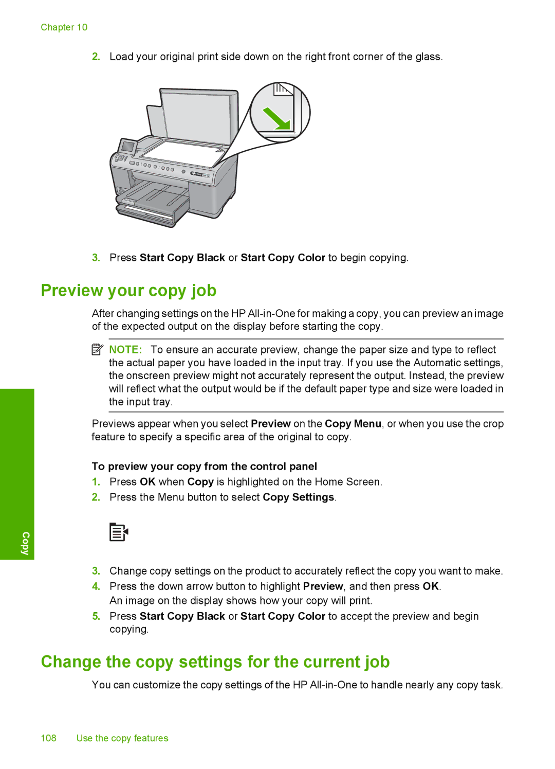 HP C6340 Preview your copy job, Change the copy settings for the current job, To preview your copy from the control panel 