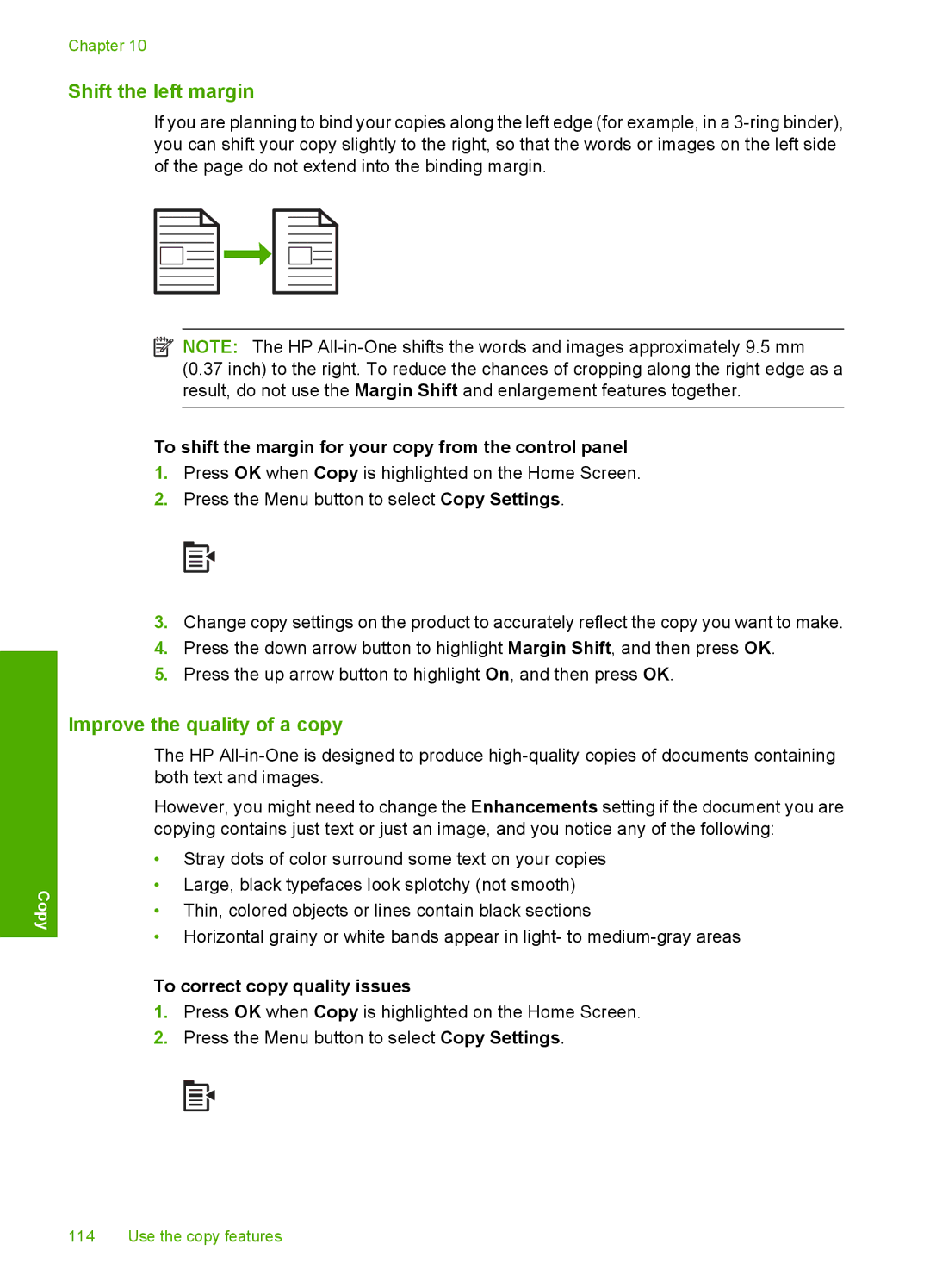 HP C6340 Shift the left margin, Improve the quality of a copy, To shift the margin for your copy from the control panel 