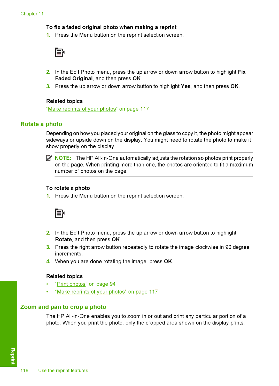 HP C6340, C6380 manual To fix a faded original photo when making a reprint, Related topics 