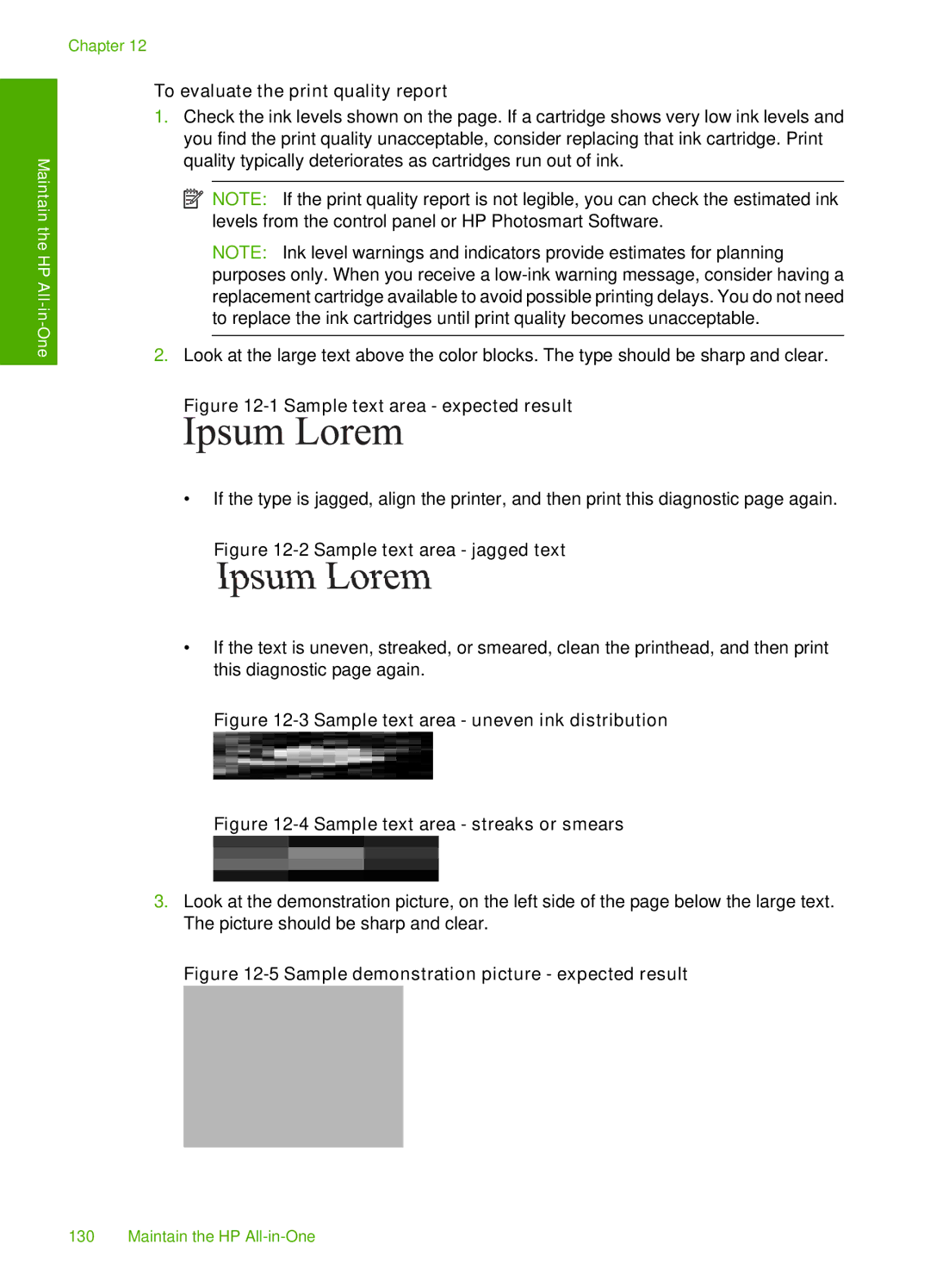 HP C6340, C6380 manual To evaluate the print quality report, Sample text area expected result 