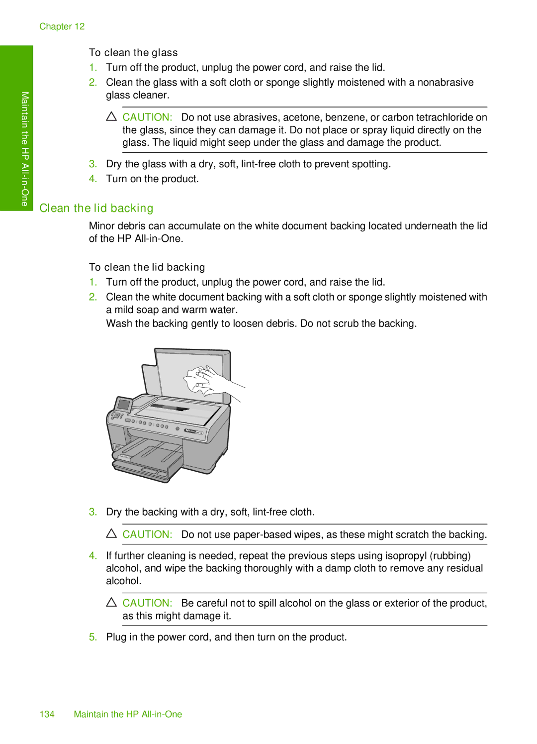 HP C6340, C6380 manual Clean the lid backing, To clean the glass, To clean the lid backing 