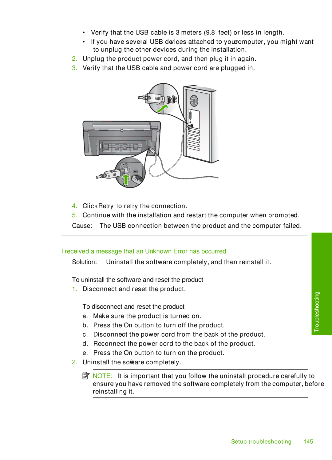 HP C6380, C6340 Received a message that an Unknown Error has occurred, To uninstall the software and reset the product 