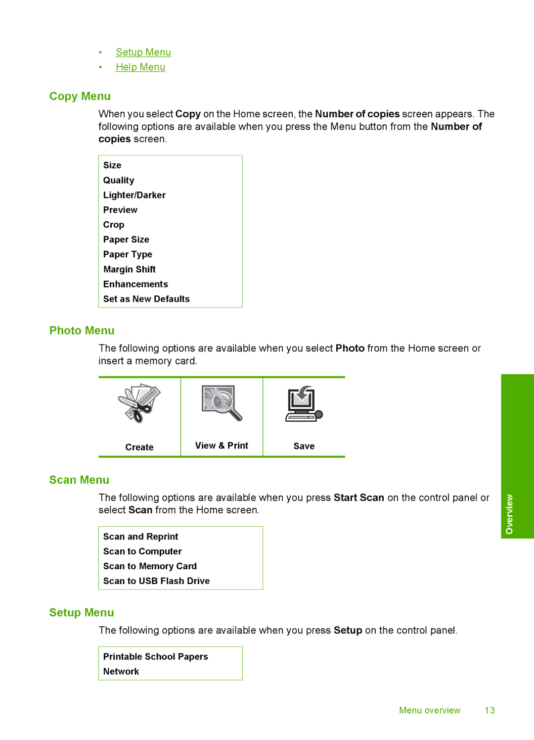 HP C6380, C6340 manual Copy Menu, Photo Menu, Scan Menu, Setup Menu 