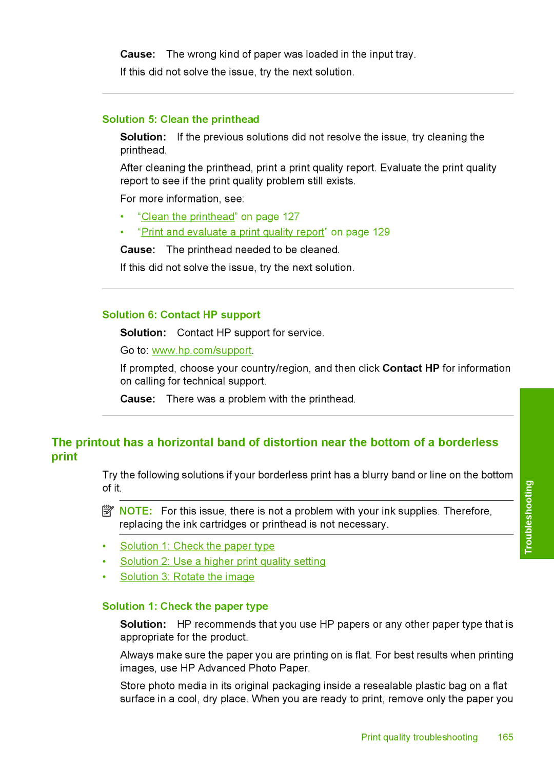 HP C6380, C6340 manual Solution 5 Clean the printhead, Solution 6 Contact HP support, Solution 1 Check the paper type 