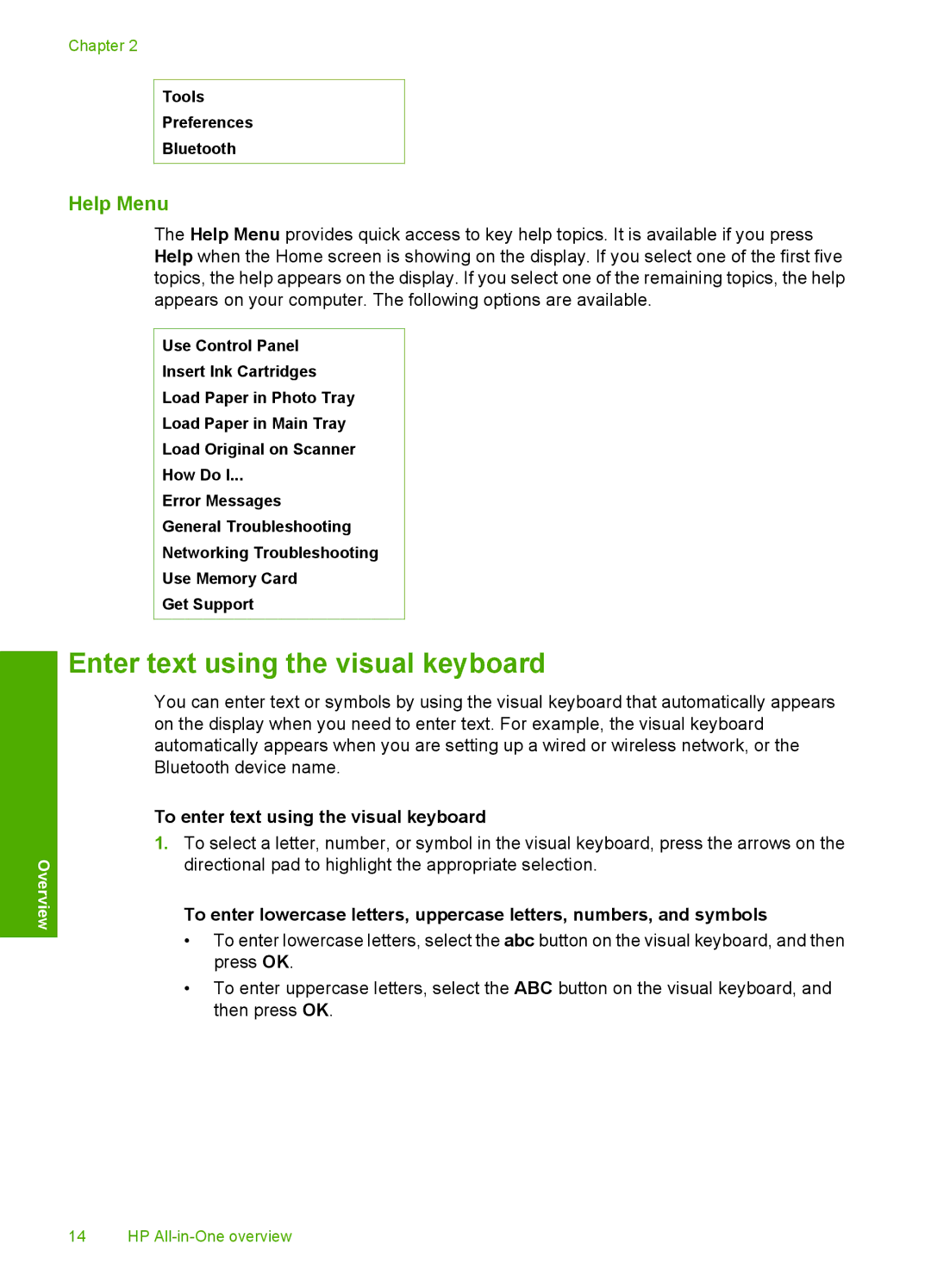 HP C6340, C6380 manual Enter text using the visual keyboard, Help Menu, To enter text using the visual keyboard 